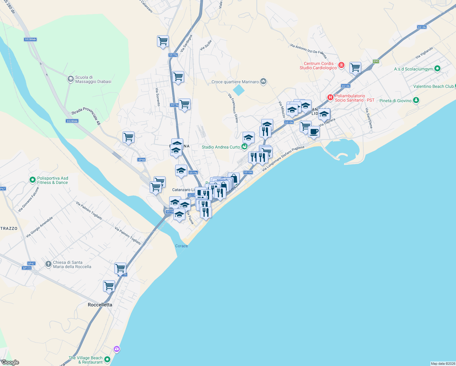 map of restaurants, bars, coffee shops, grocery stores, and more near 41 Via Torrazzo in Catanzaro
