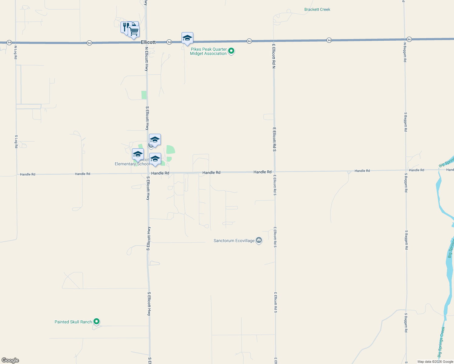 map of restaurants, bars, coffee shops, grocery stores, and more near 24405 Handle Road in Calhan