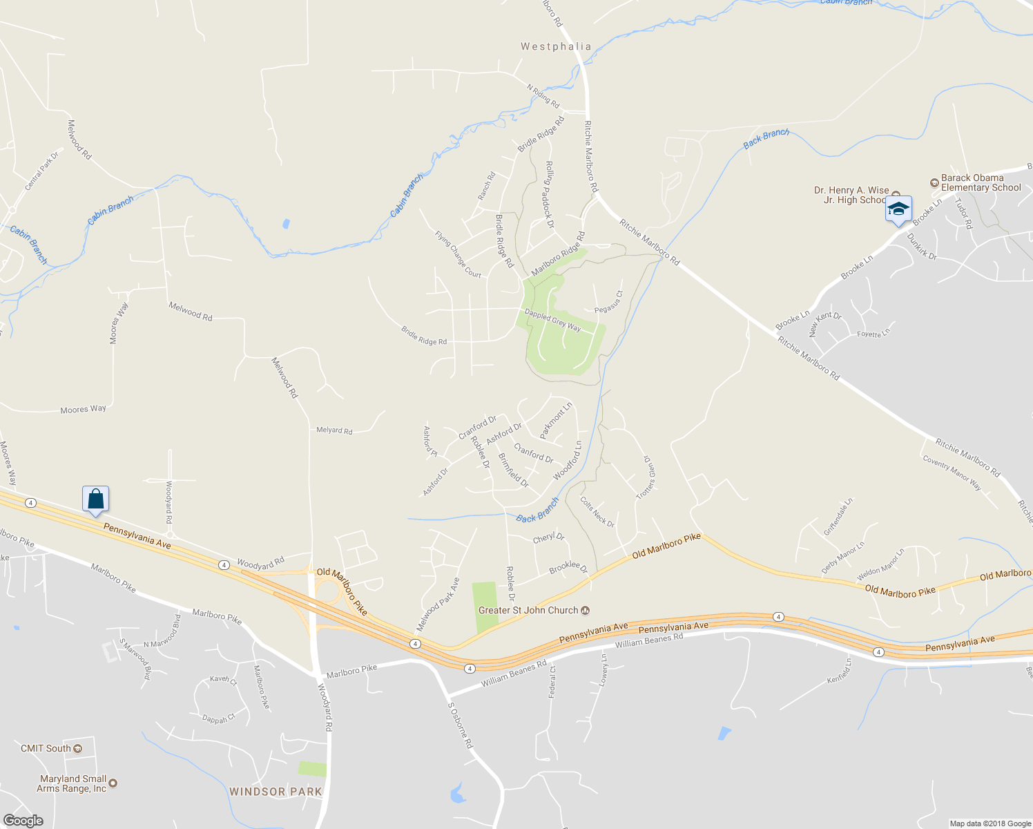 map of restaurants, bars, coffee shops, grocery stores, and more near 11111 Parkmont Drive in Upper Marlboro