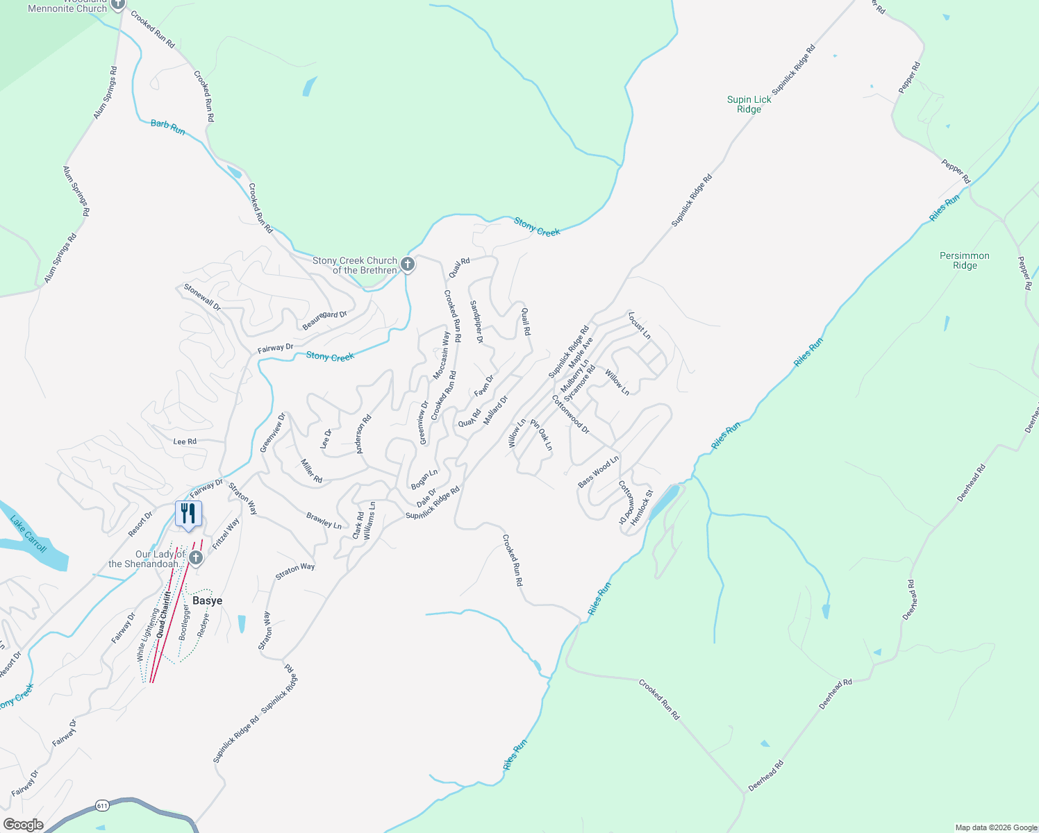 map of restaurants, bars, coffee shops, grocery stores, and more near 8312 Supinlick Ridge Road in Mount Jackson