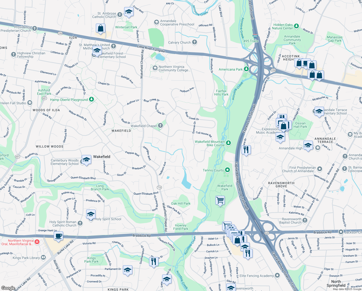 map of restaurants, bars, coffee shops, grocery stores, and more near 4616 Quarter Charge Drive in Annandale