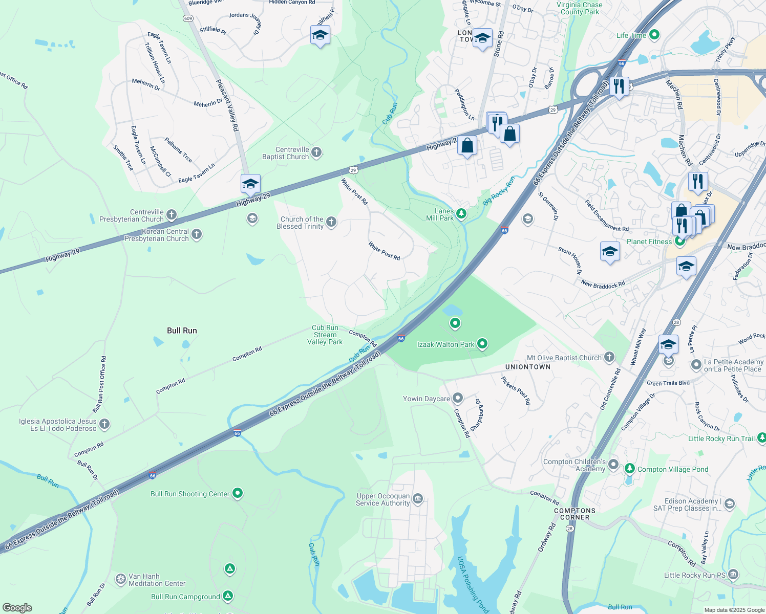 map of restaurants, bars, coffee shops, grocery stores, and more near 6751 Jade Post Lane in Centreville