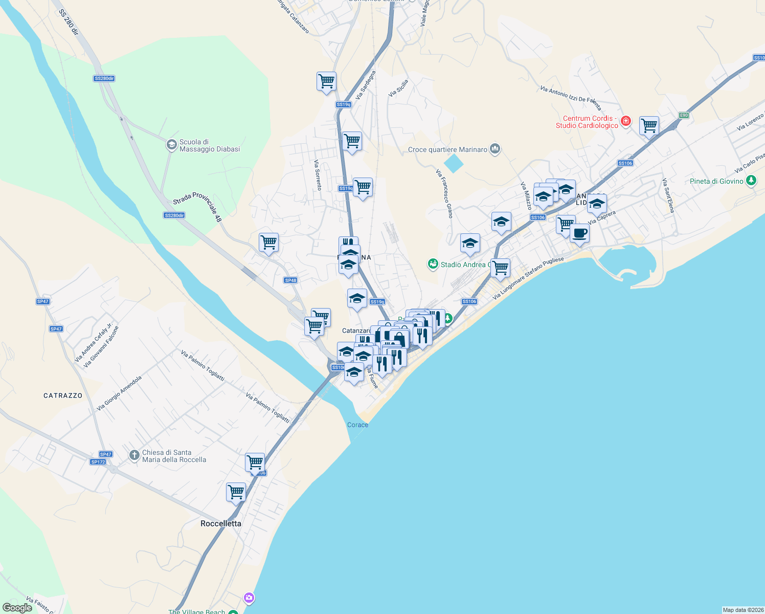 map of restaurants, bars, coffee shops, grocery stores, and more near Via Nazionale in Catanzaro