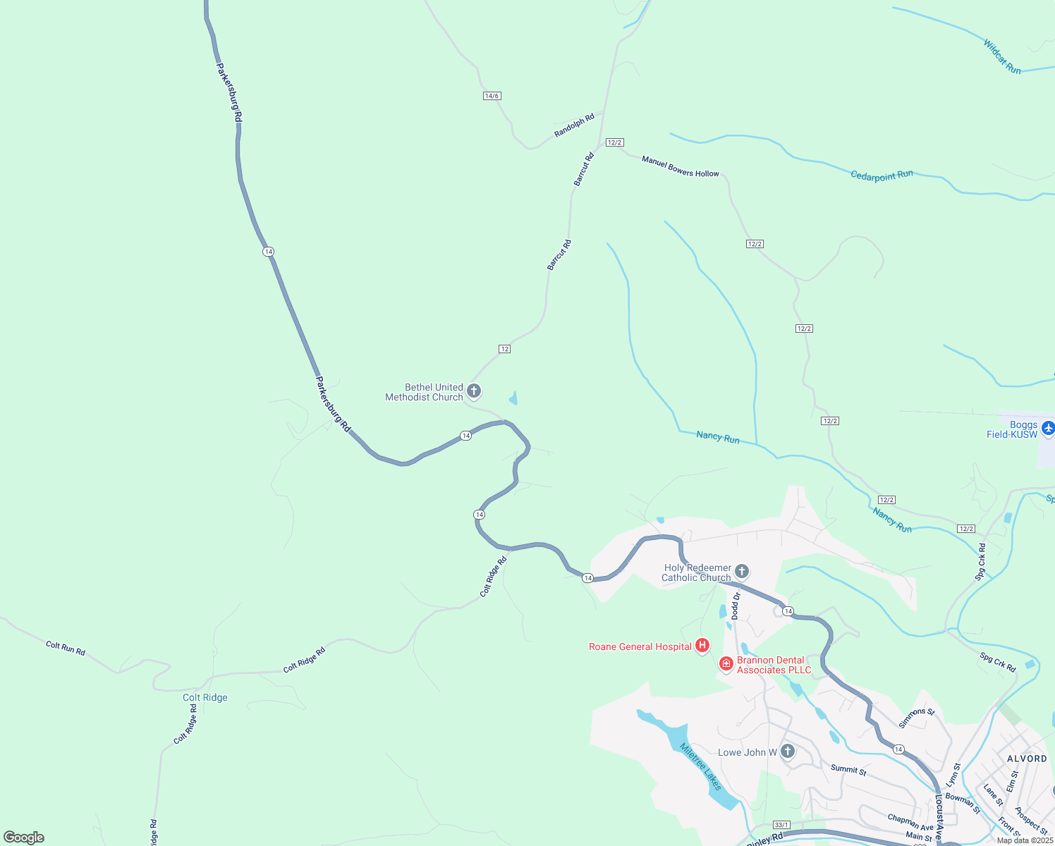 map of restaurants, bars, coffee shops, grocery stores, and more near Parkersburg Road in Spencer