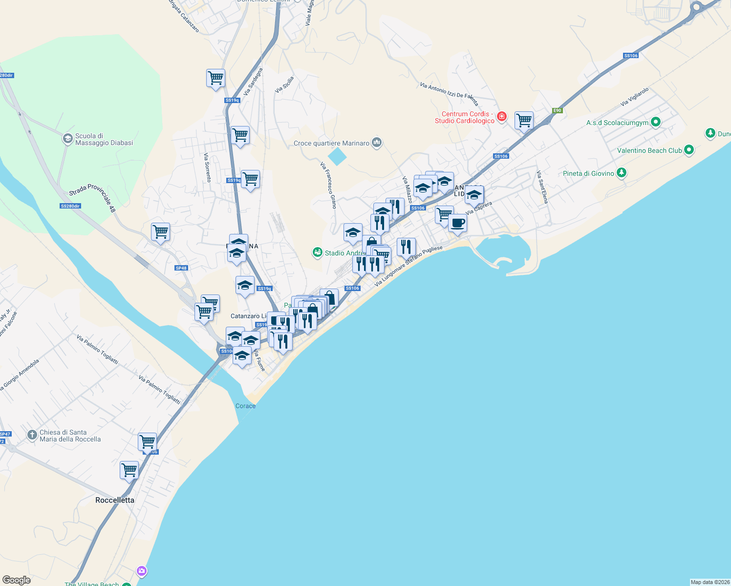 map of restaurants, bars, coffee shops, grocery stores, and more near Via Lungomare in Catanzaro