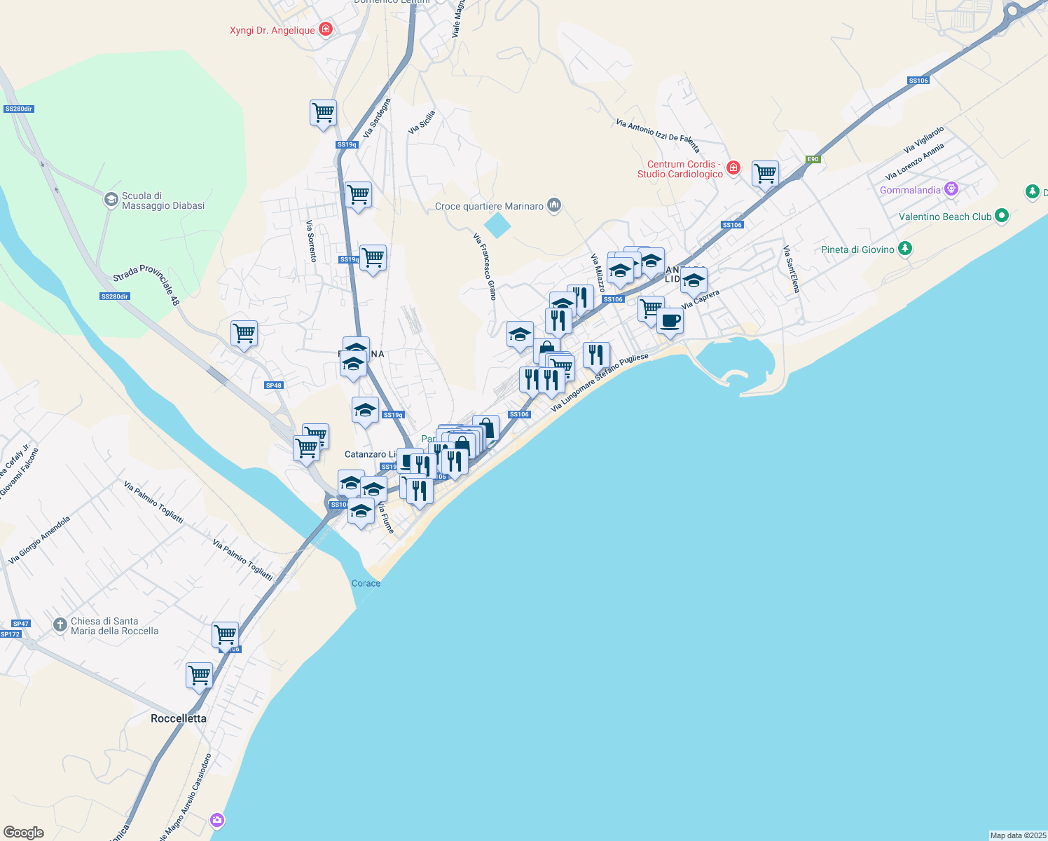 map of restaurants, bars, coffee shops, grocery stores, and more near Via Lungomare in Catanzaro