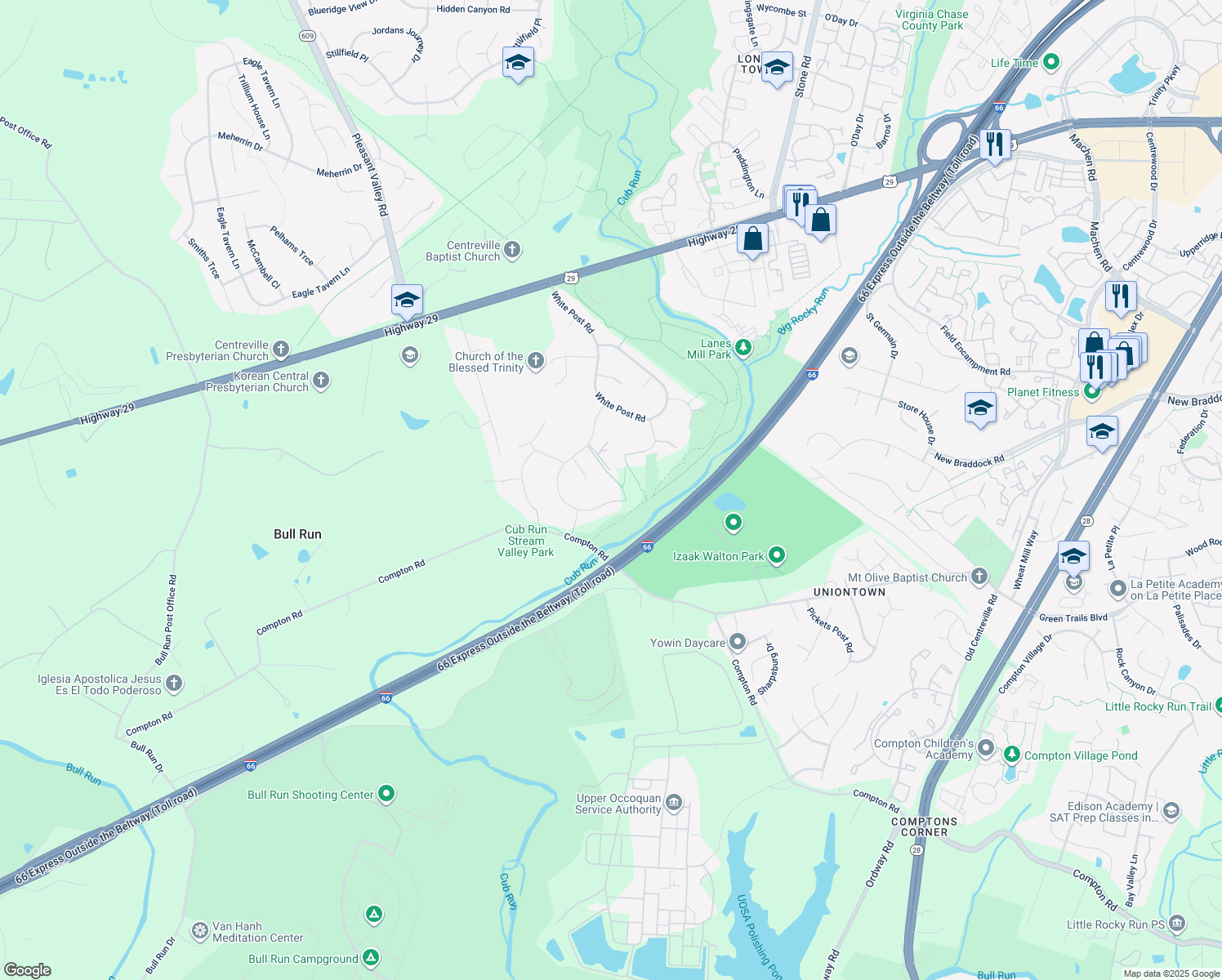 map of restaurants, bars, coffee shops, grocery stores, and more near 6749 Jade Post Lane in Centreville