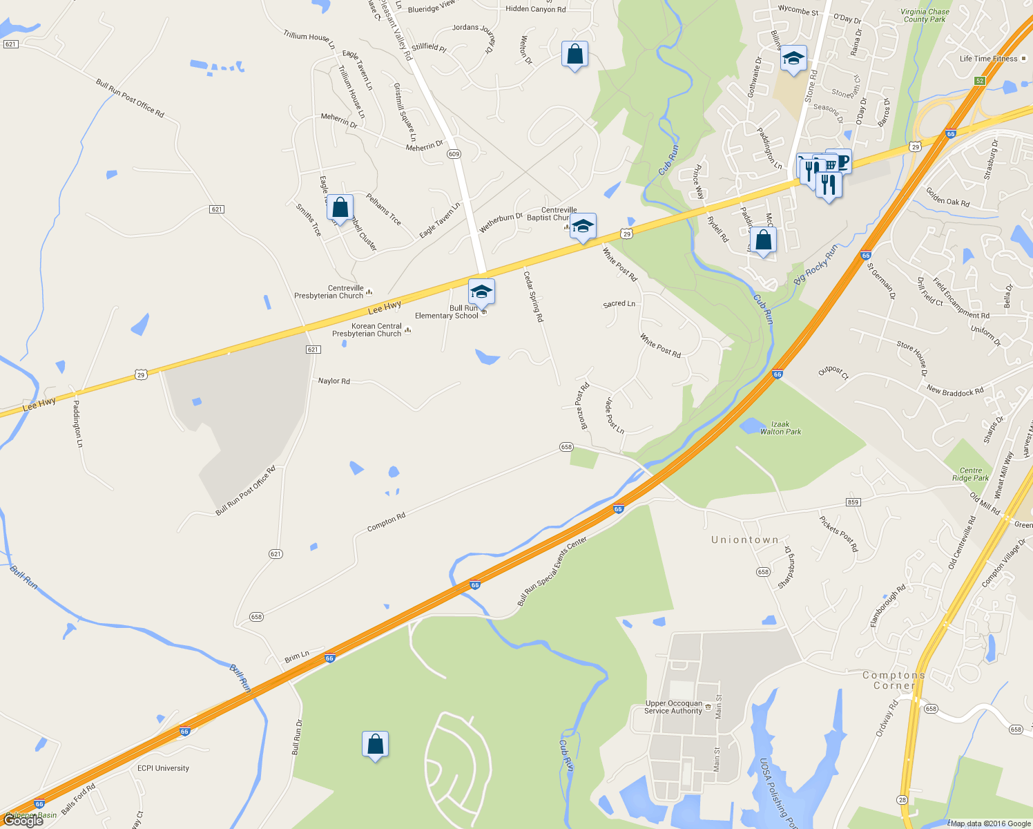 map of restaurants, bars, coffee shops, grocery stores, and more near 15150 Bronze Post Court in Centreville