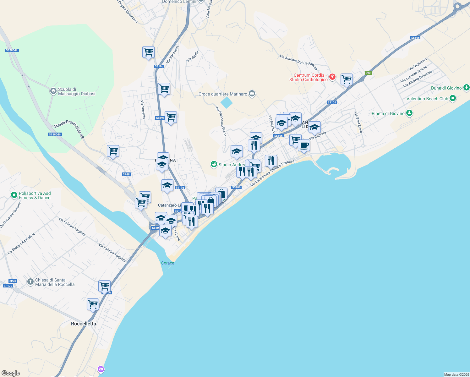 map of restaurants, bars, coffee shops, grocery stores, and more near 20 Traversa Crotone in Catanzaro