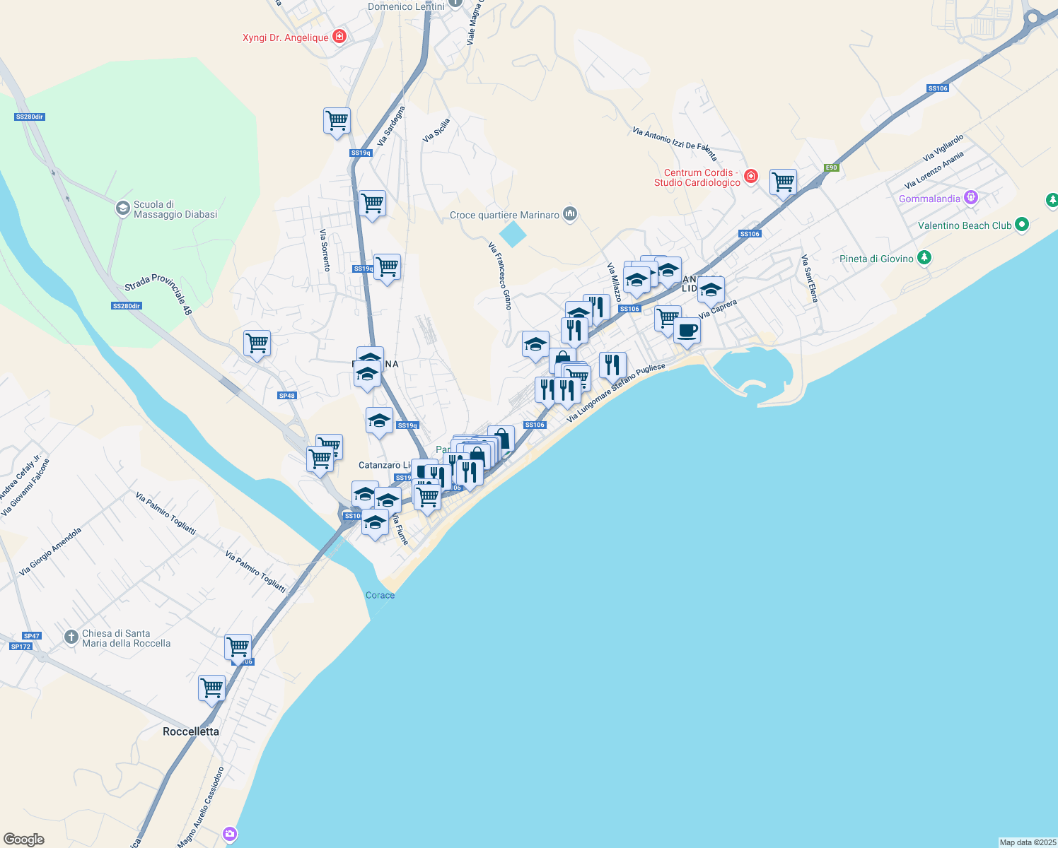 map of restaurants, bars, coffee shops, grocery stores, and more near 23 Vico I Viale Crotone in Catanzaro