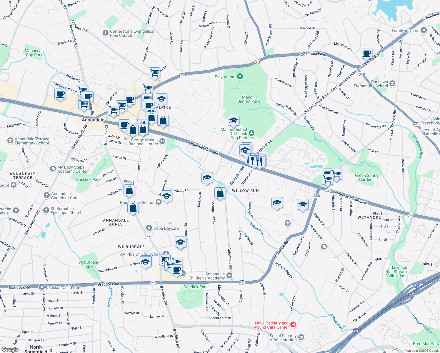 map of restaurants, bars, coffee shops, grocery stores, and more near 4667 Brentleigh Court in Annandale