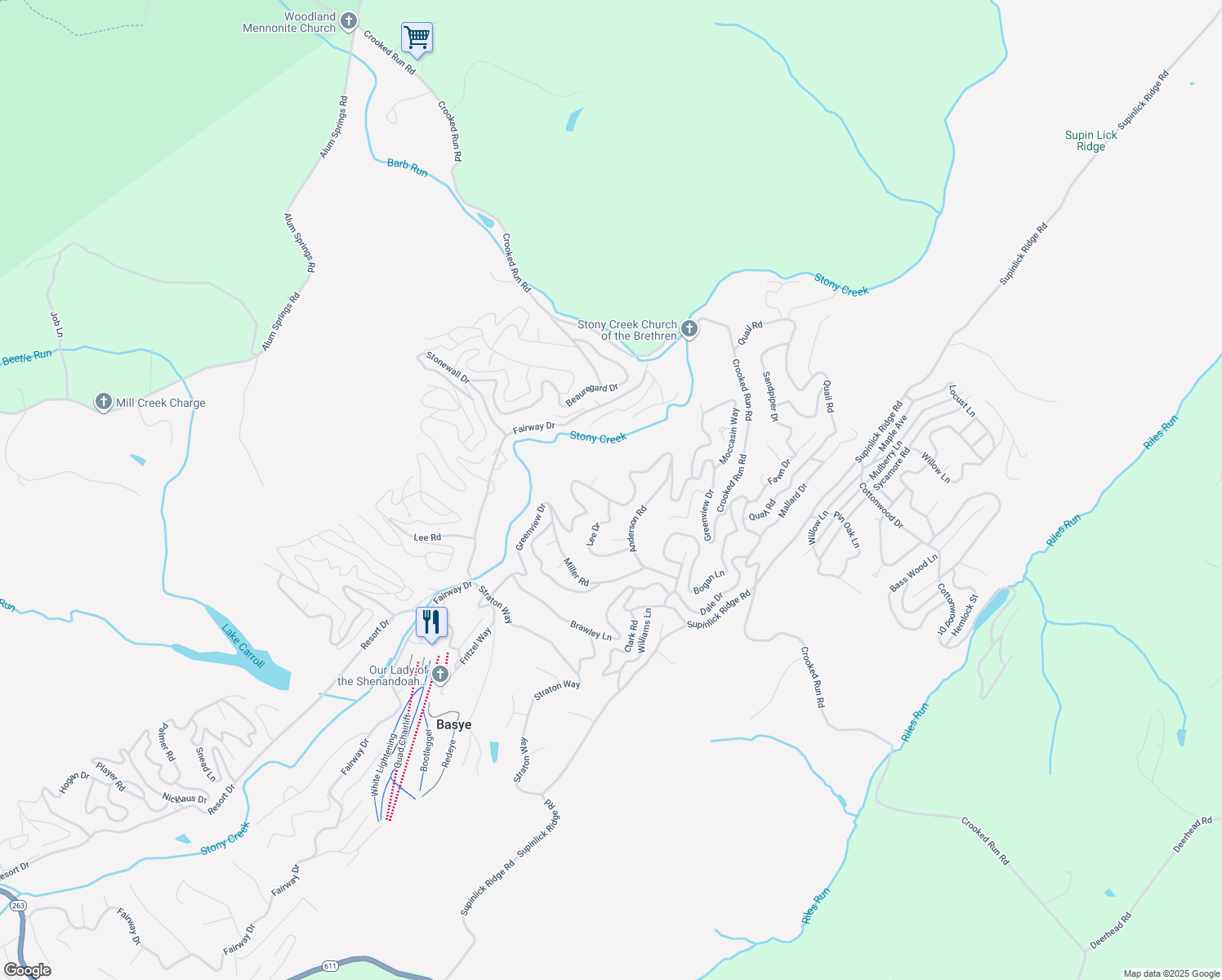 map of restaurants, bars, coffee shops, grocery stores, and more near 937 Greenview Drive in Basye