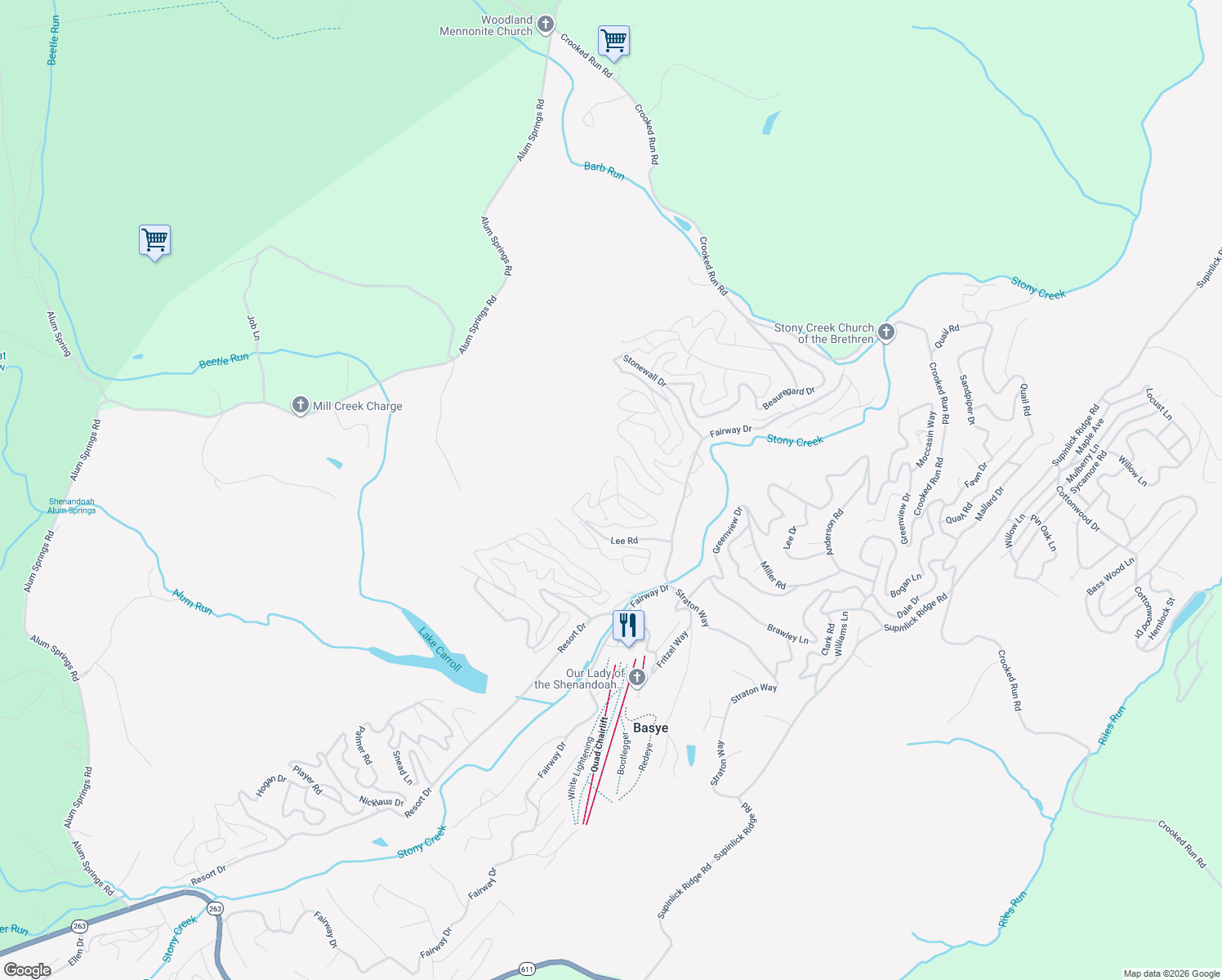 map of restaurants, bars, coffee shops, grocery stores, and more near 90 Morgan Street in Basye