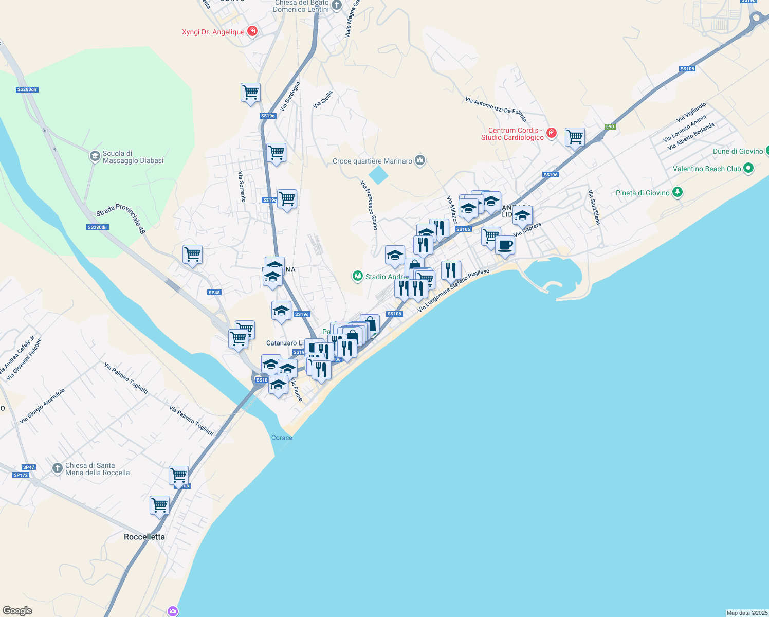 map of restaurants, bars, coffee shops, grocery stores, and more near 23 Vico I Viale Crotone in Catanzaro
