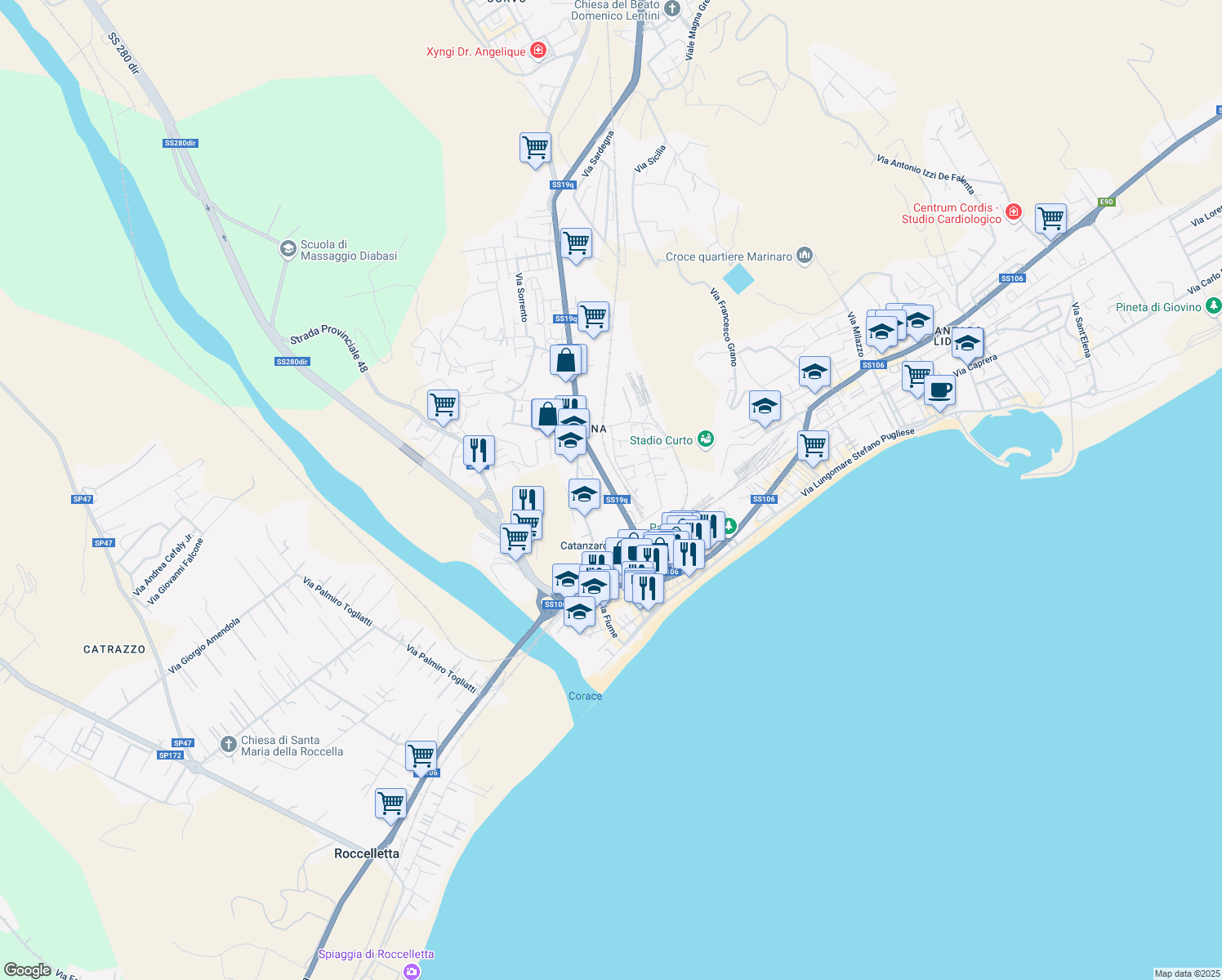 map of restaurants, bars, coffee shops, grocery stores, and more near Via Nazionale in Catanzaro