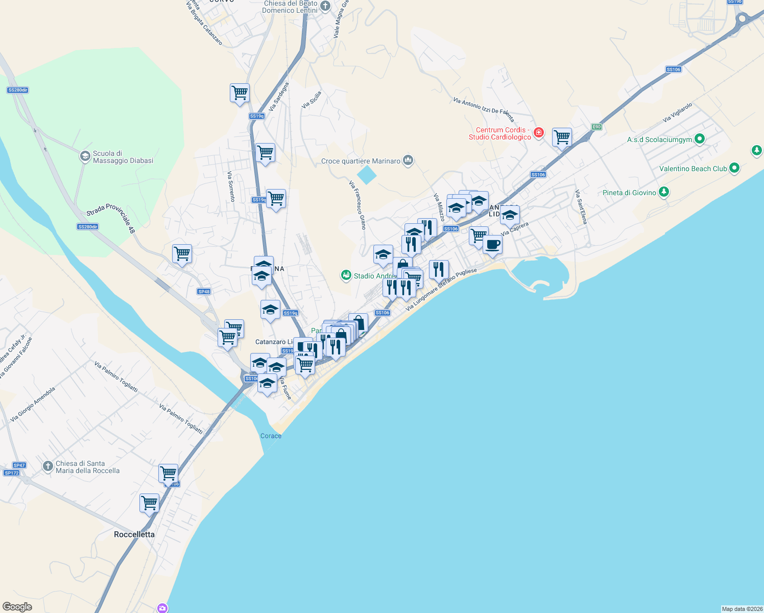 map of restaurants, bars, coffee shops, grocery stores, and more near 23 Vico I Viale Crotone in Catanzaro