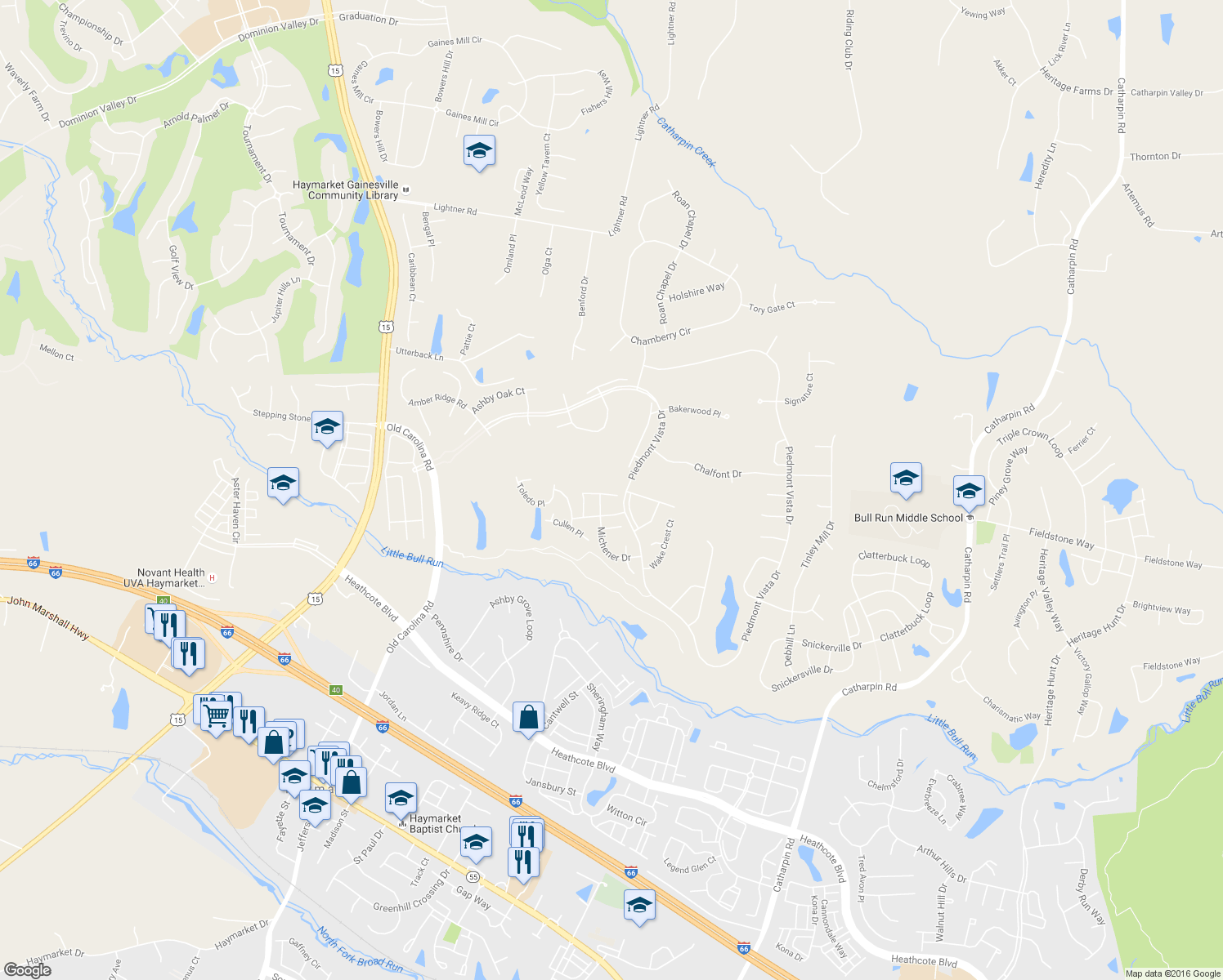 map of restaurants, bars, coffee shops, grocery stores, and more near 6012 Alderdale Place in Haymarket