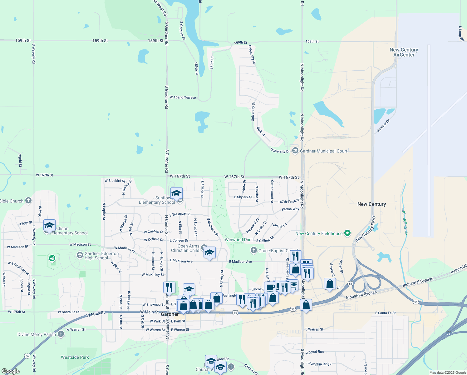 map of restaurants, bars, coffee shops, grocery stores, and more near 522 E Meadowlark Ct in Gardner