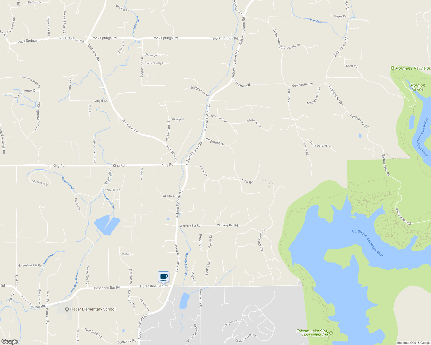 map of restaurants, bars, coffee shops, grocery stores, and more near 9475 King Road in Loomis