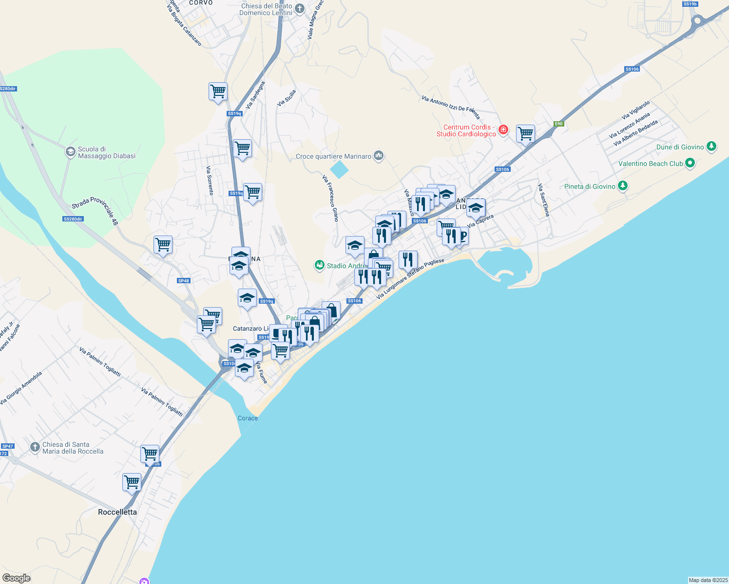 map of restaurants, bars, coffee shops, grocery stores, and more near 7 Via dei Crociati in Catanzaro