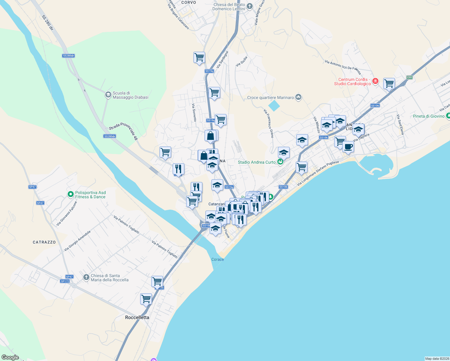map of restaurants, bars, coffee shops, grocery stores, and more near 36 Via Nazionale in Catanzaro