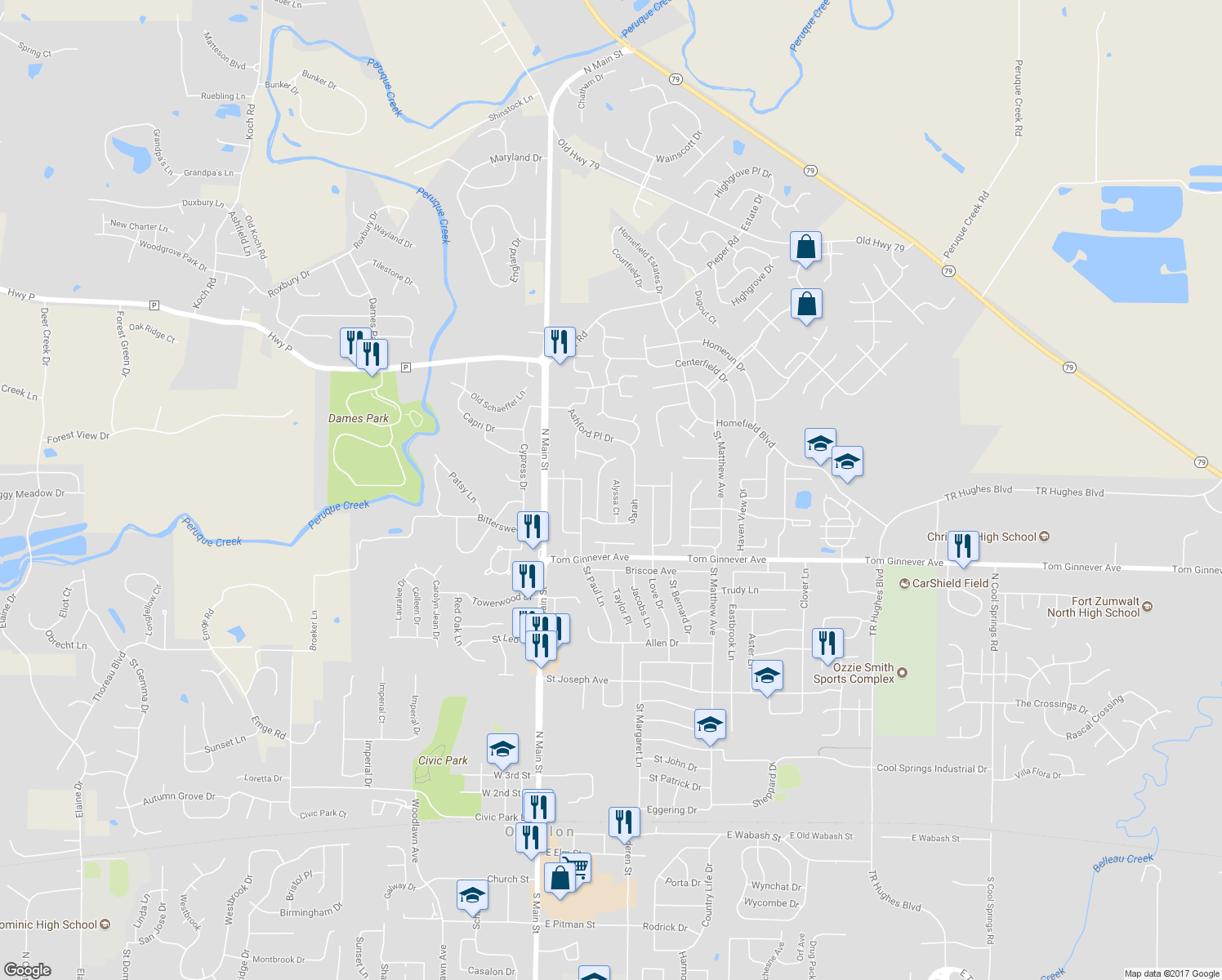 map of restaurants, bars, coffee shops, grocery stores, and more near 1139 Alyssa Court in O'Fallon