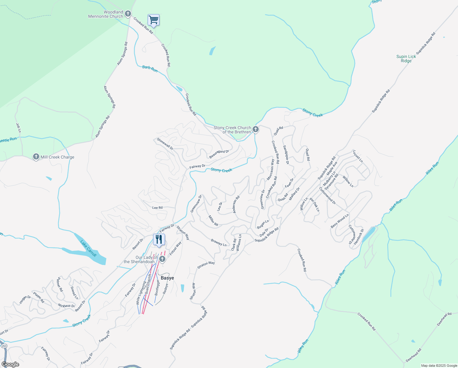 map of restaurants, bars, coffee shops, grocery stores, and more near 937 Greenview Drive in Basye