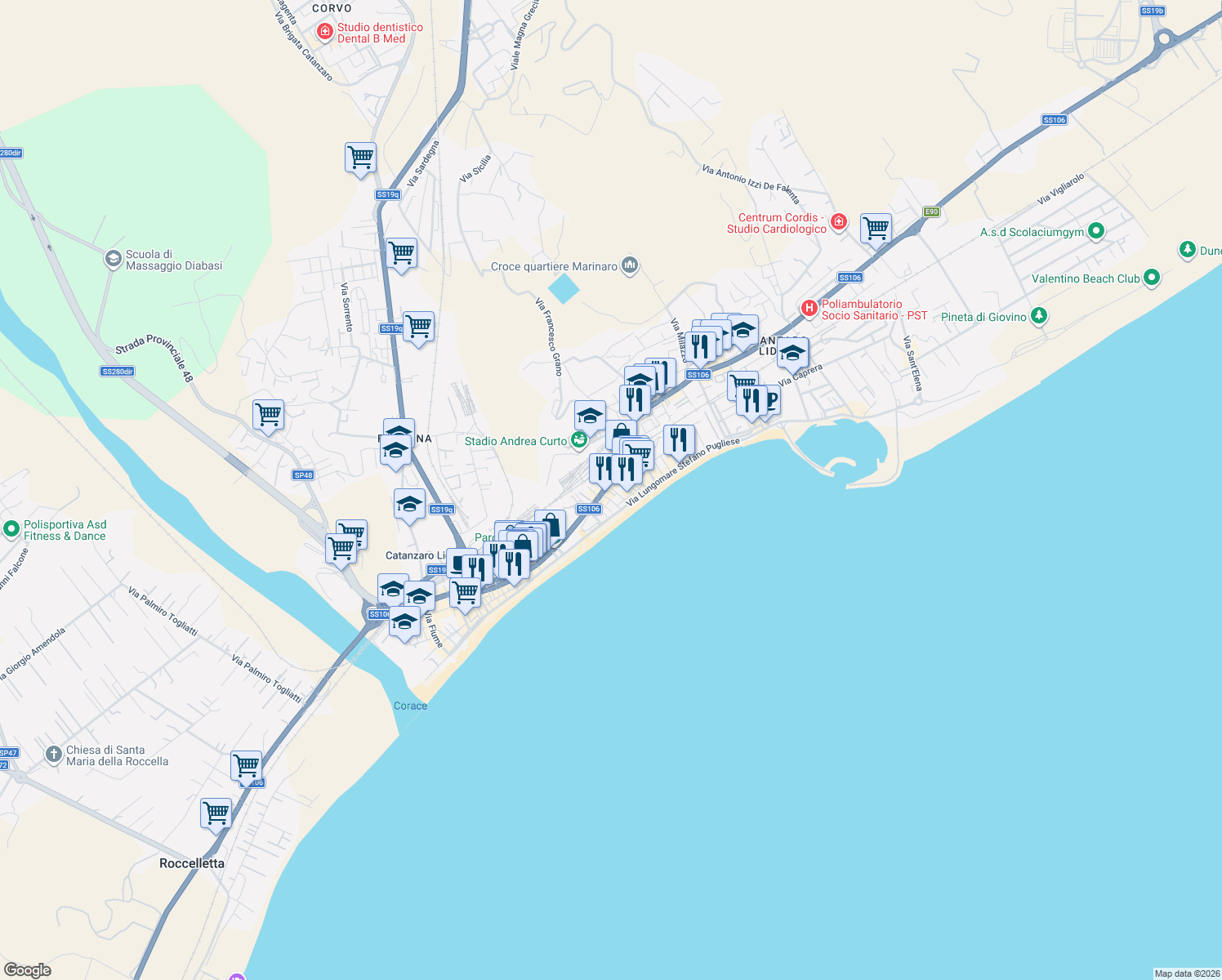 map of restaurants, bars, coffee shops, grocery stores, and more near 7 Via dei Crociati in Catanzaro