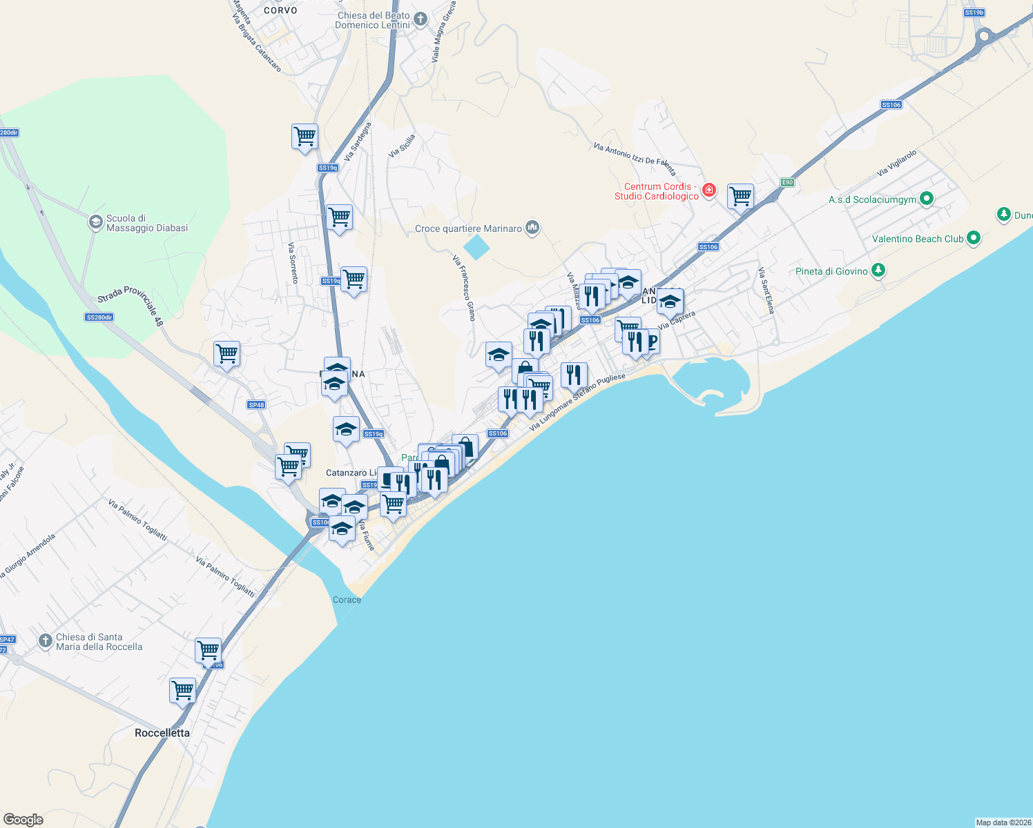 map of restaurants, bars, coffee shops, grocery stores, and more near 7 Via dei Crociati in Catanzaro