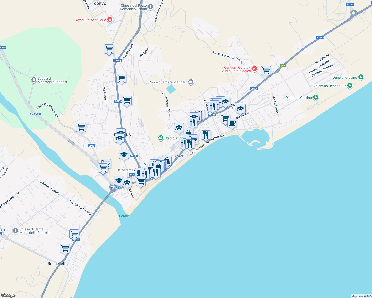map of restaurants, bars, coffee shops, grocery stores, and more near 7 Via dei Crociati in Catanzaro