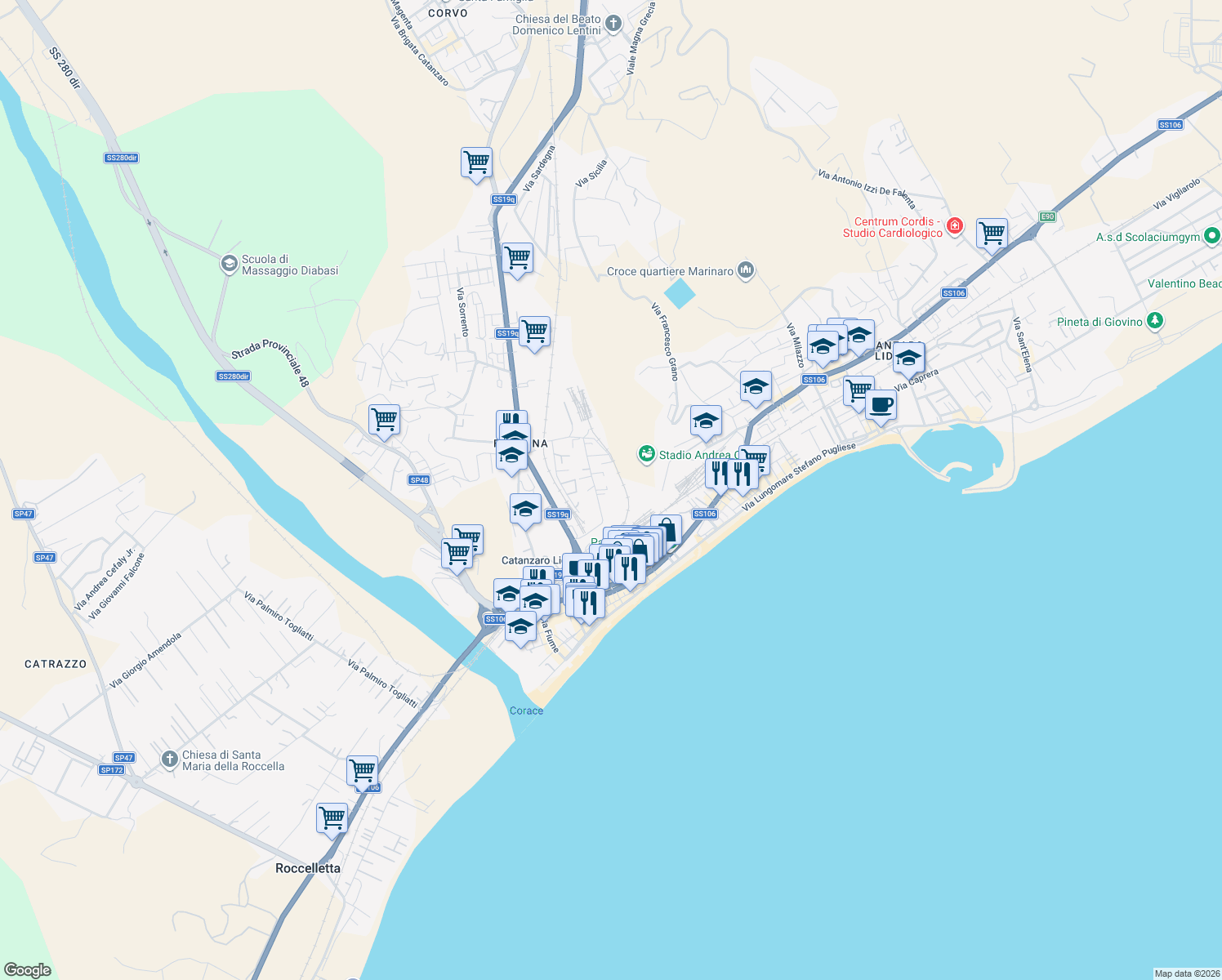 map of restaurants, bars, coffee shops, grocery stores, and more near 31 Via Trapani in Catanzaro