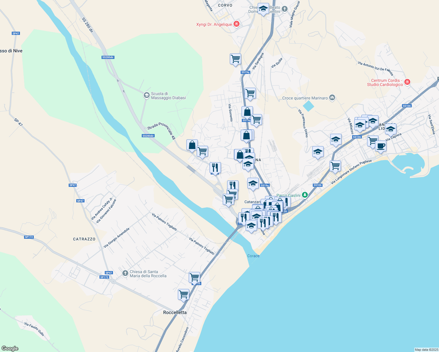 map of restaurants, bars, coffee shops, grocery stores, and more near Via Michele Maria Manfredi in Provincia di Catanzaro