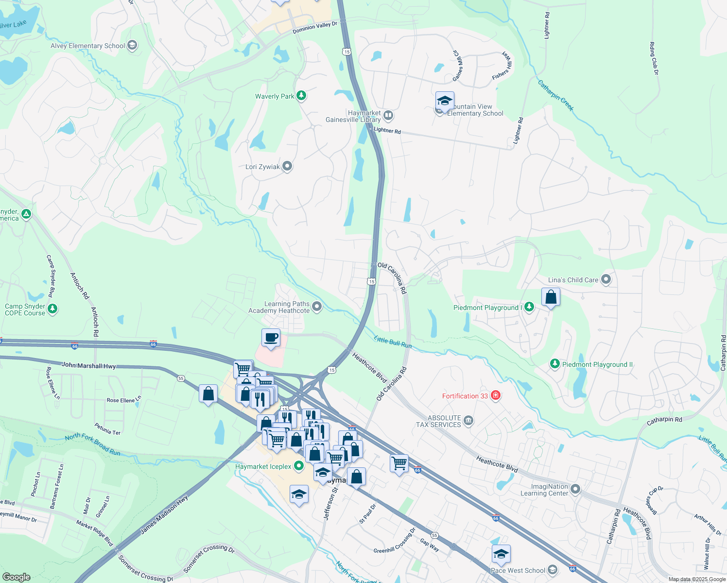 map of restaurants, bars, coffee shops, grocery stores, and more near 15033 Clementine Way in Haymarket