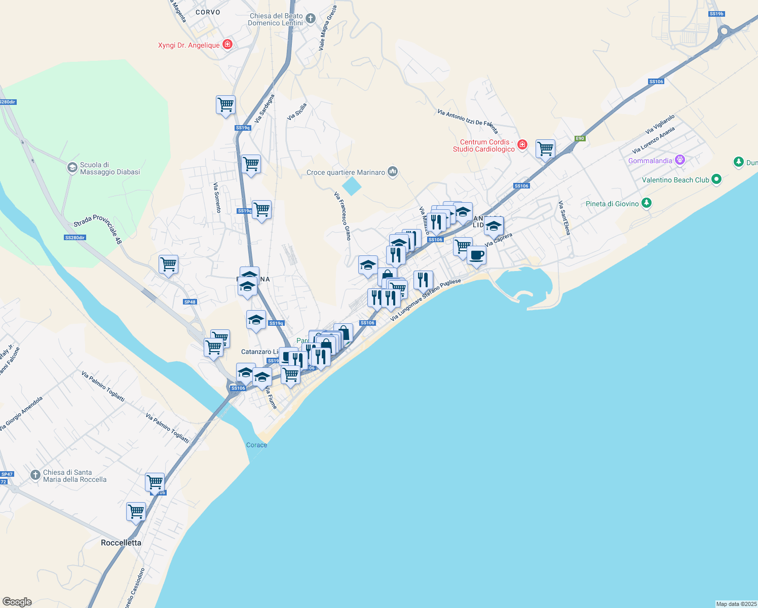 map of restaurants, bars, coffee shops, grocery stores, and more near 7 Via dei Crociati in Catanzaro
