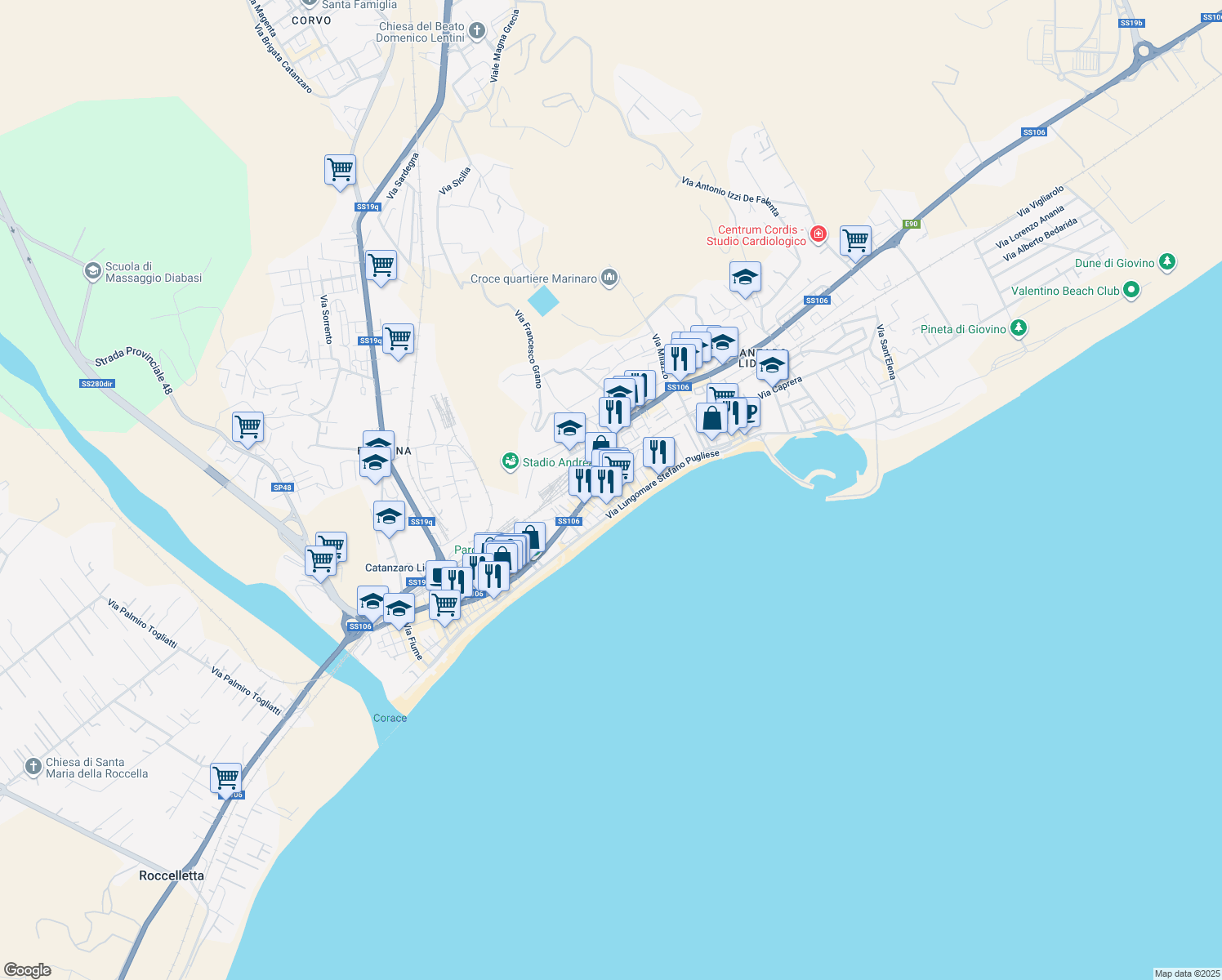 map of restaurants, bars, coffee shops, grocery stores, and more near 25 Via Vibo Valentia in Catanzaro