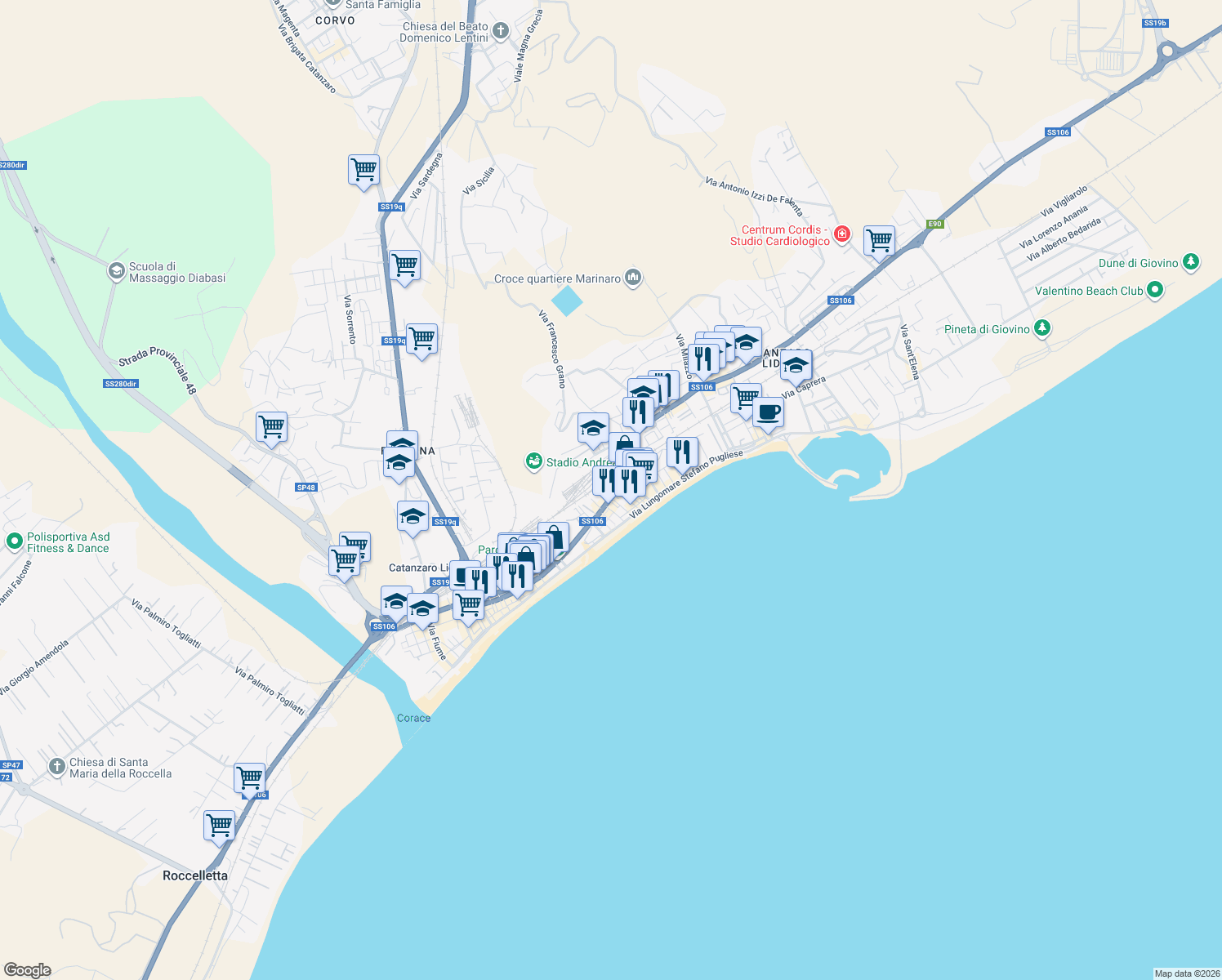 map of restaurants, bars, coffee shops, grocery stores, and more near 7 Via dei Crociati in Catanzaro