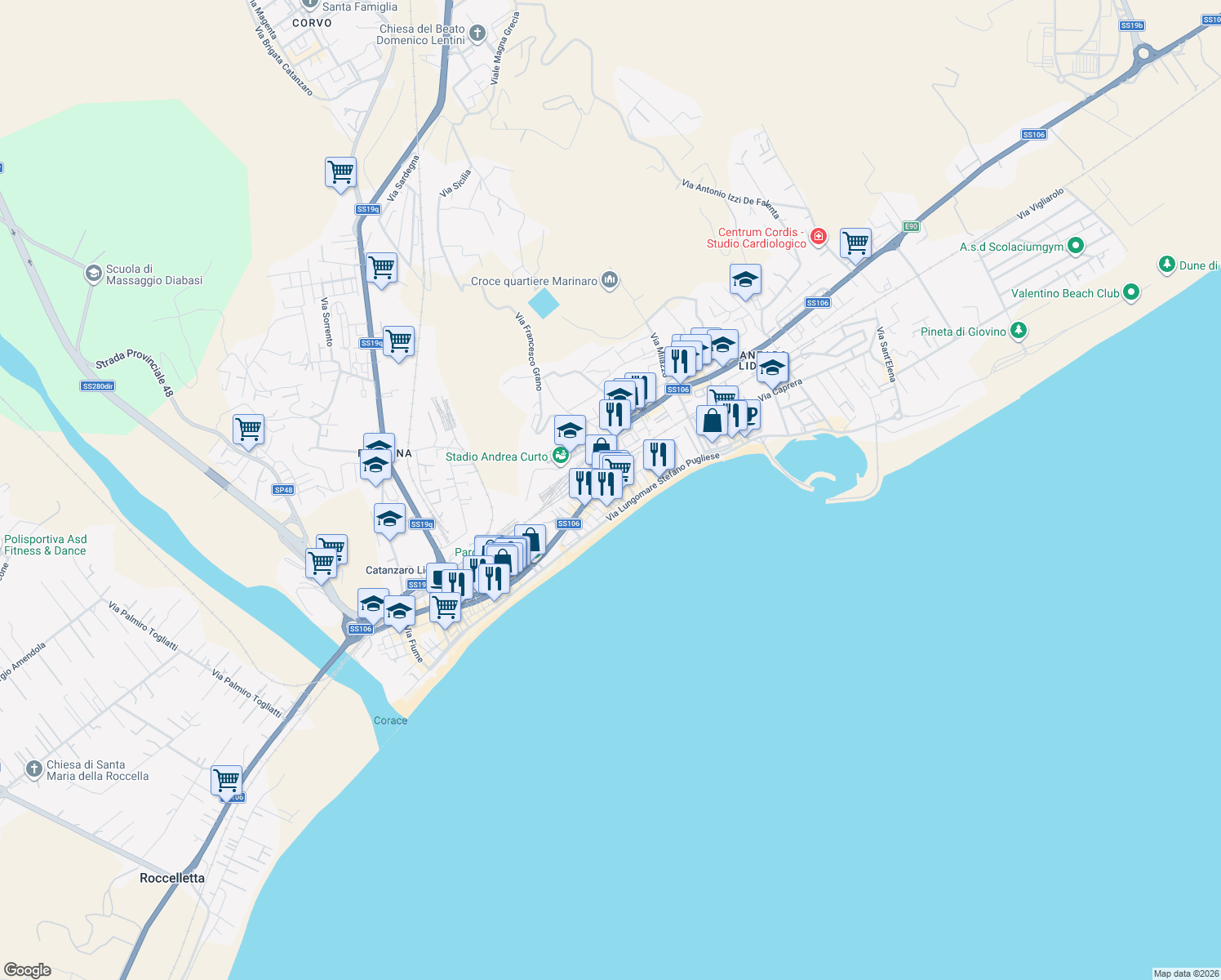 map of restaurants, bars, coffee shops, grocery stores, and more near 25 Via Vibo Valentia in Catanzaro