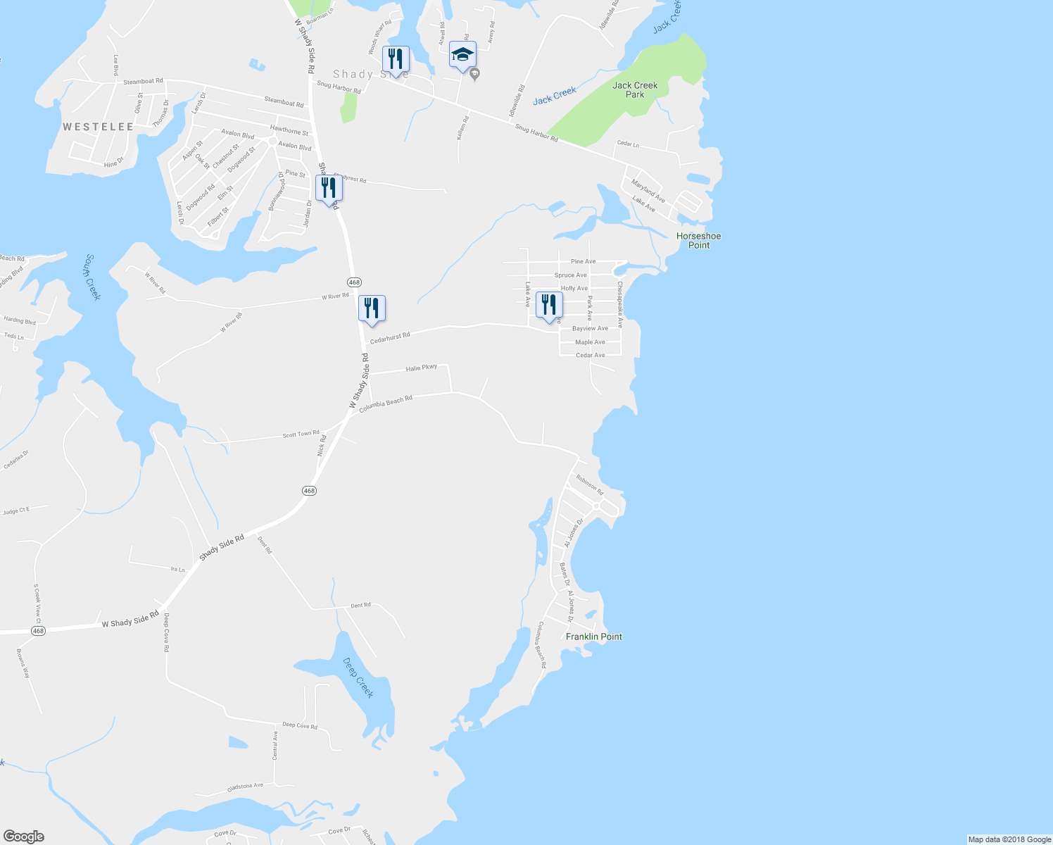 map of restaurants, bars, coffee shops, grocery stores, and more near 1522 Columbia Beach Road in Shady Side
