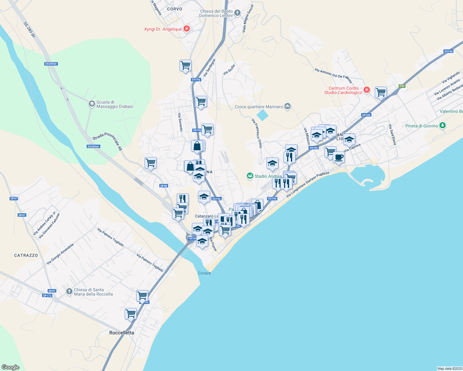 map of restaurants, bars, coffee shops, grocery stores, and more near 18 Traversa Via Trapani in Catanzaro