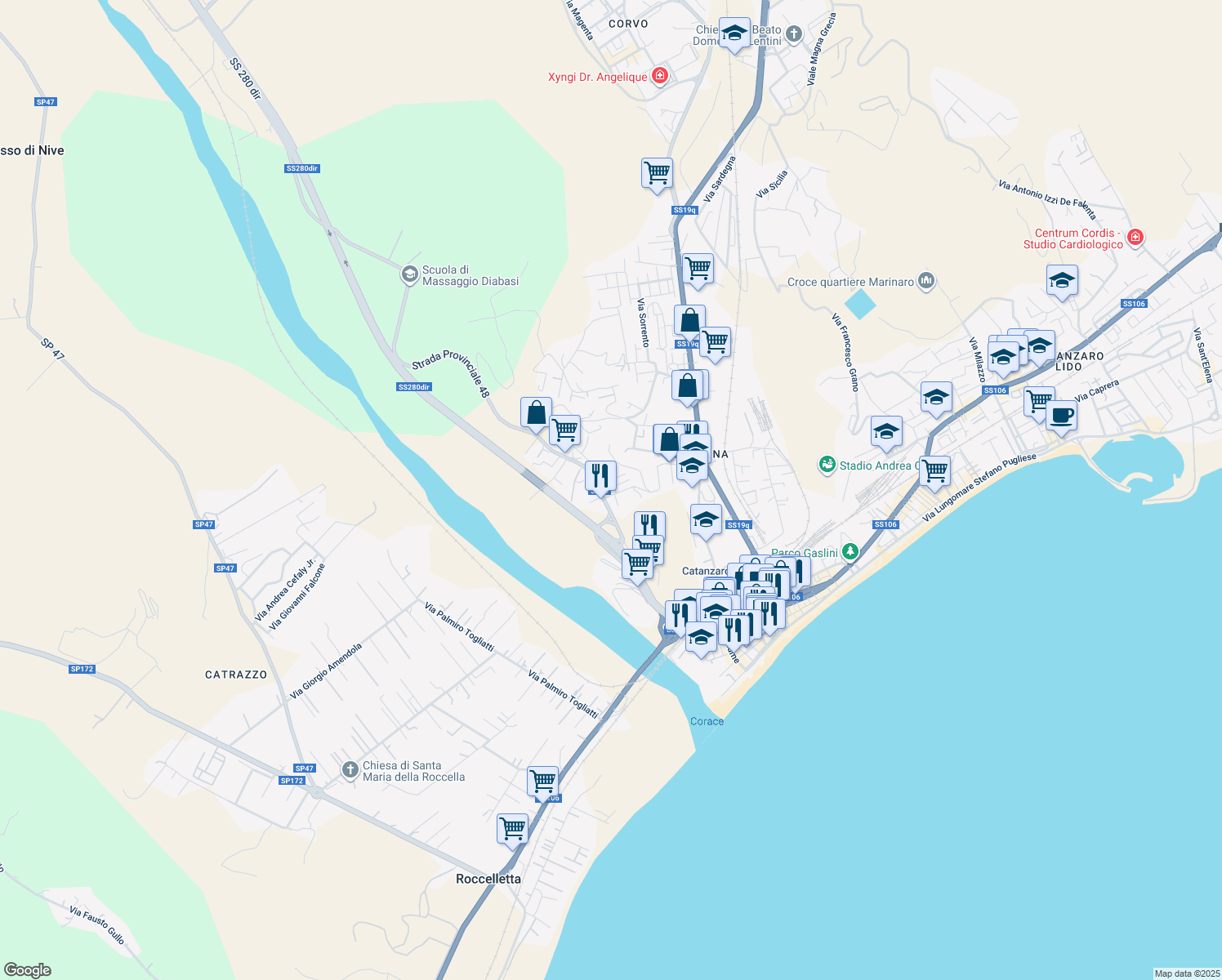 map of restaurants, bars, coffee shops, grocery stores, and more near 2 Via Michele Maria Manfredi in Provincia di Catanzaro