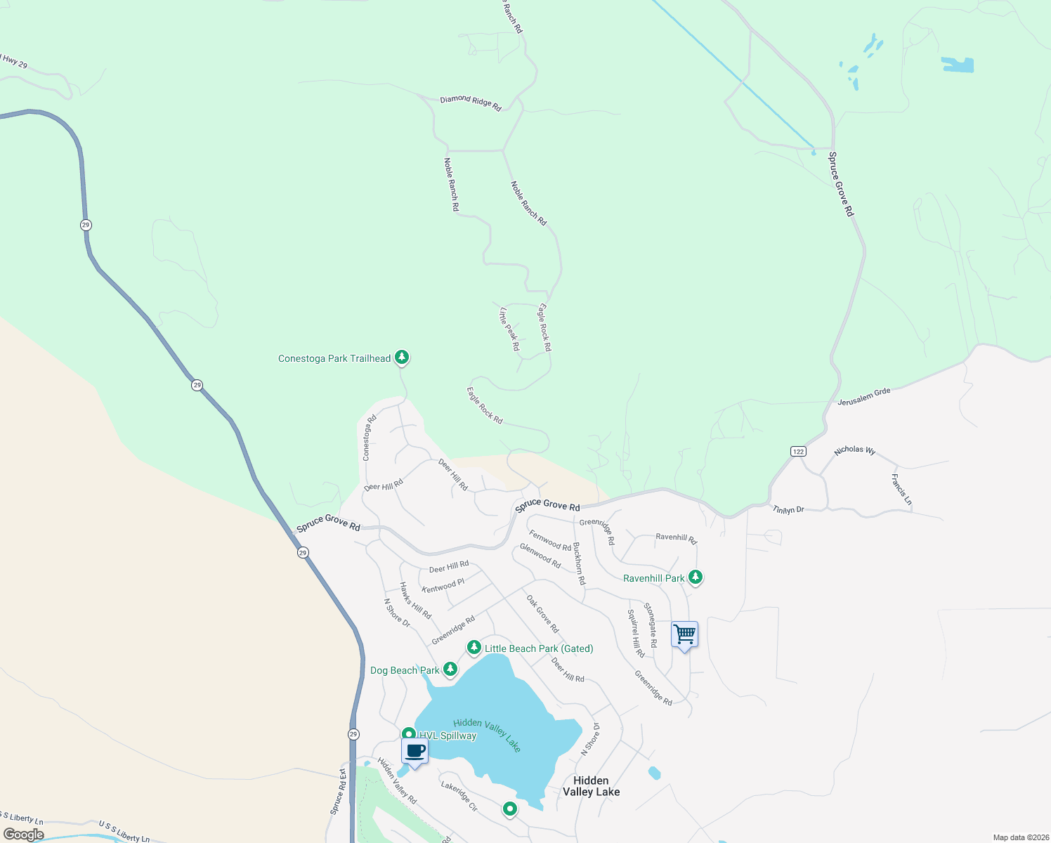 map of restaurants, bars, coffee shops, grocery stores, and more near 16268 Eagle Rock Road in Hidden Valley Lake