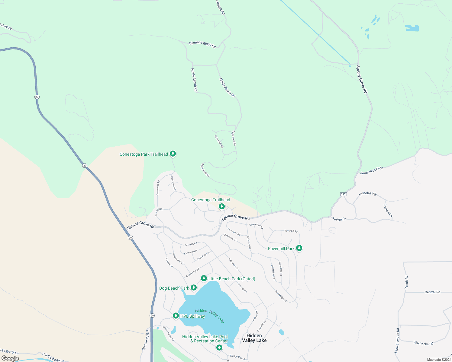 map of restaurants, bars, coffee shops, grocery stores, and more near 16268 Eagle Rock Road in Hidden Valley Lake