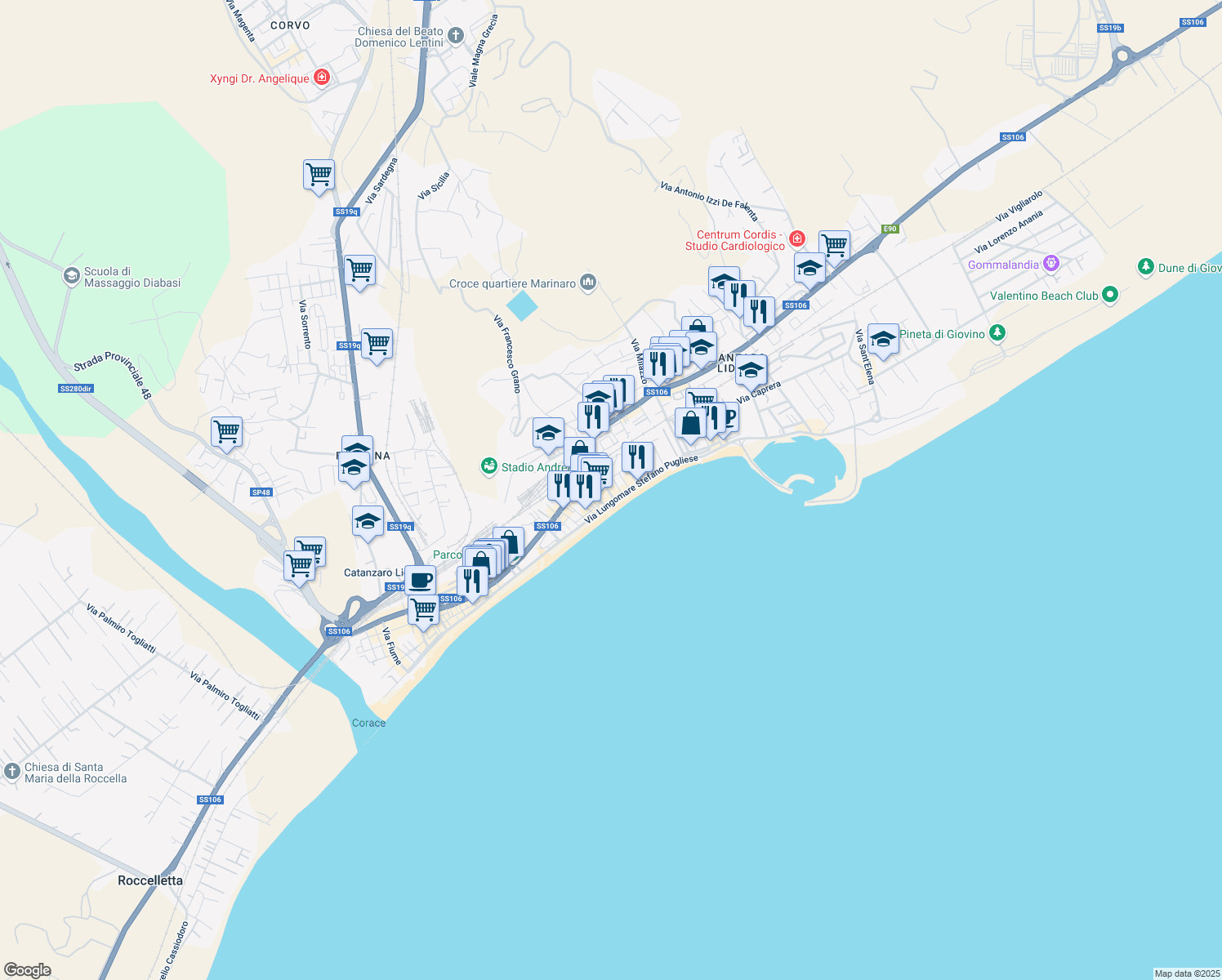 map of restaurants, bars, coffee shops, grocery stores, and more near 1 Via Thaon di Revel in Catanzaro