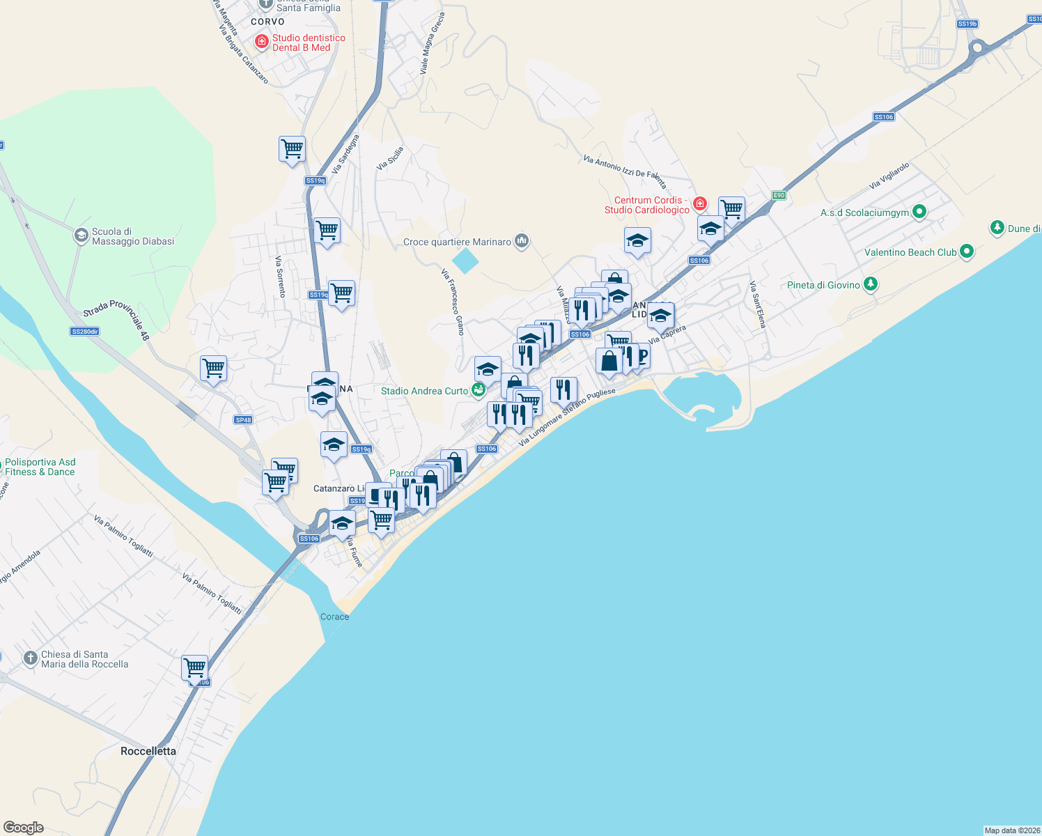 map of restaurants, bars, coffee shops, grocery stores, and more near 20 Via Vibo Valentia in Catanzaro