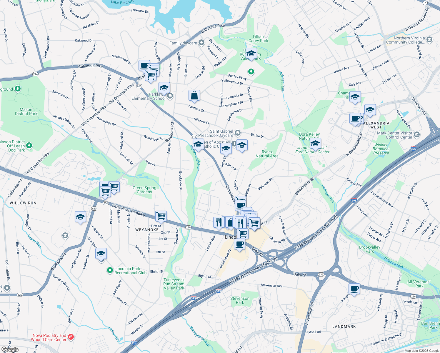 map of restaurants, bars, coffee shops, grocery stores, and more near 6325 Lincolnia Road in Alexandria