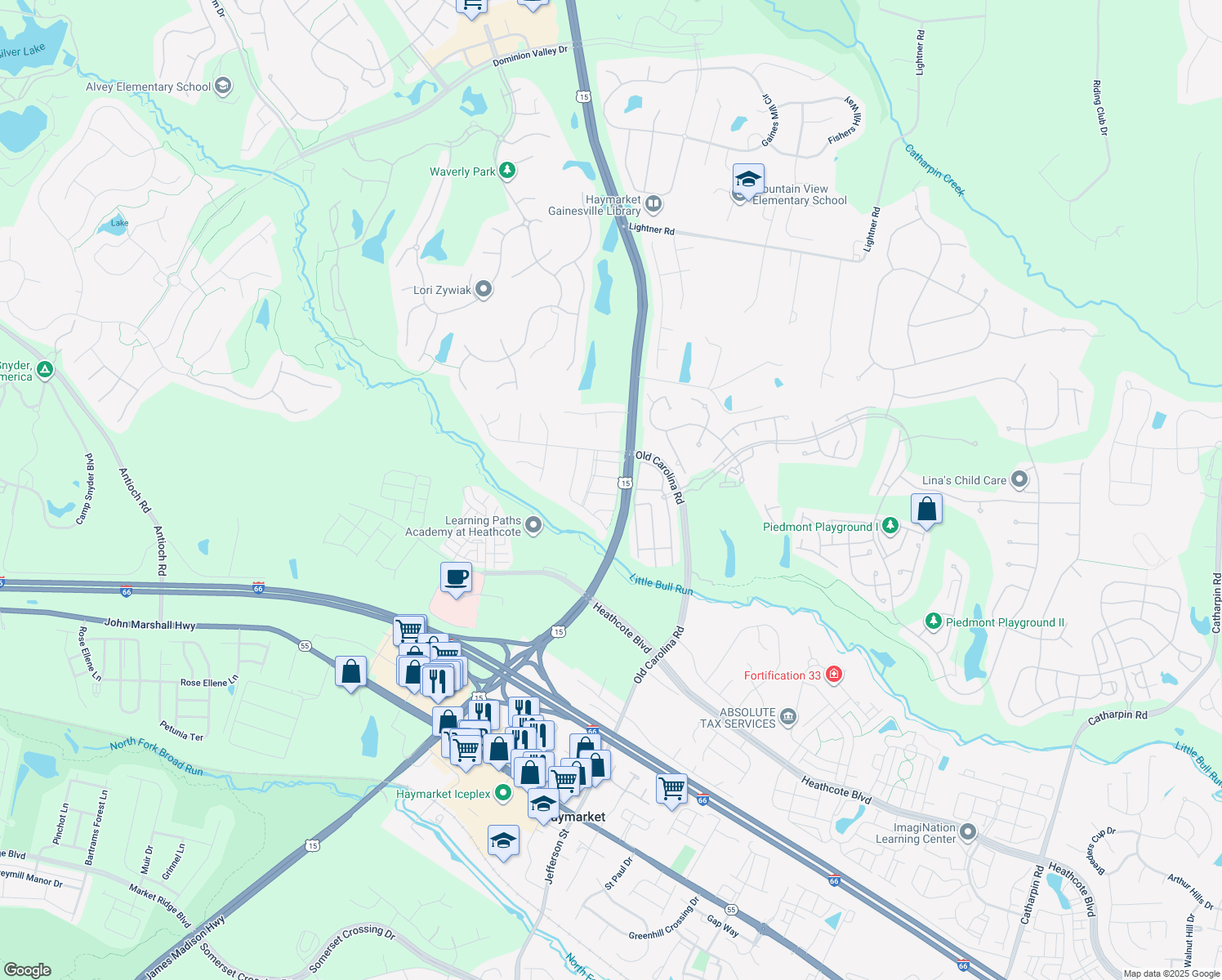map of restaurants, bars, coffee shops, grocery stores, and more near 15034 Clementine Way in Haymarket