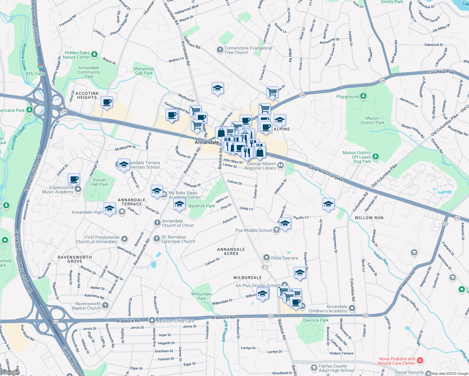 map of restaurants, bars, coffee shops, grocery stores, and more near 7120 Galesville Place in Annandale
