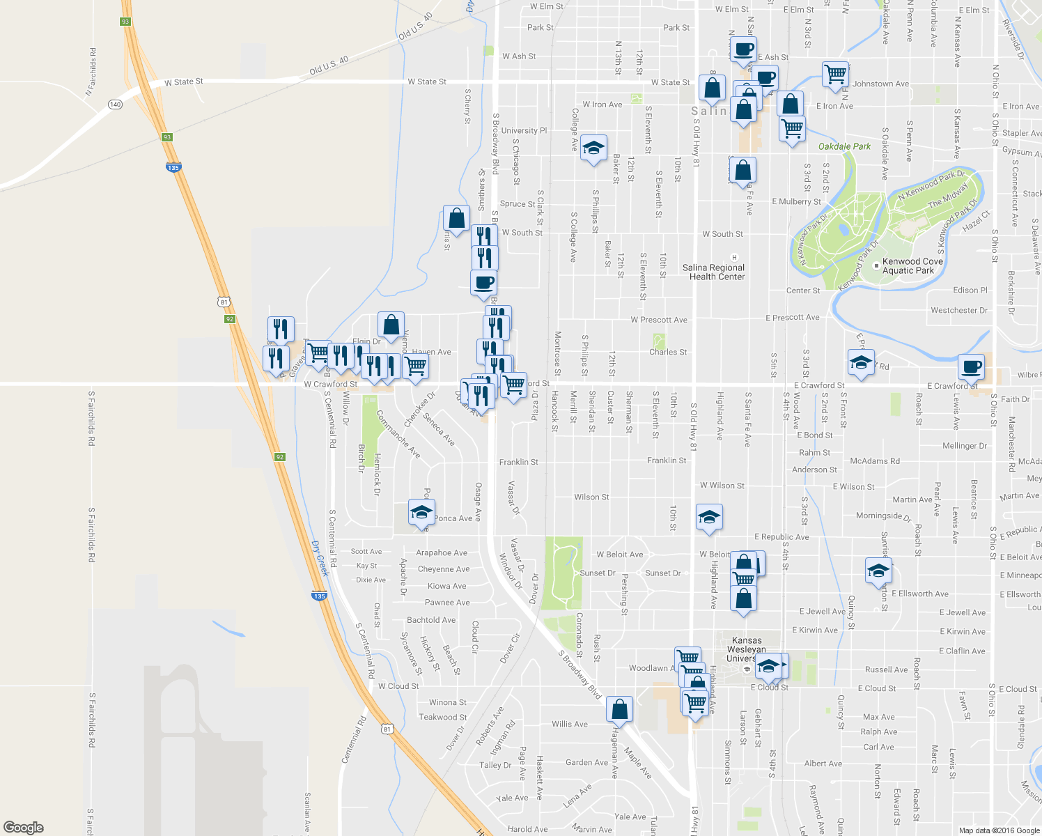 map of restaurants, bars, coffee shops, grocery stores, and more near 736 Vassar Drive in Salina