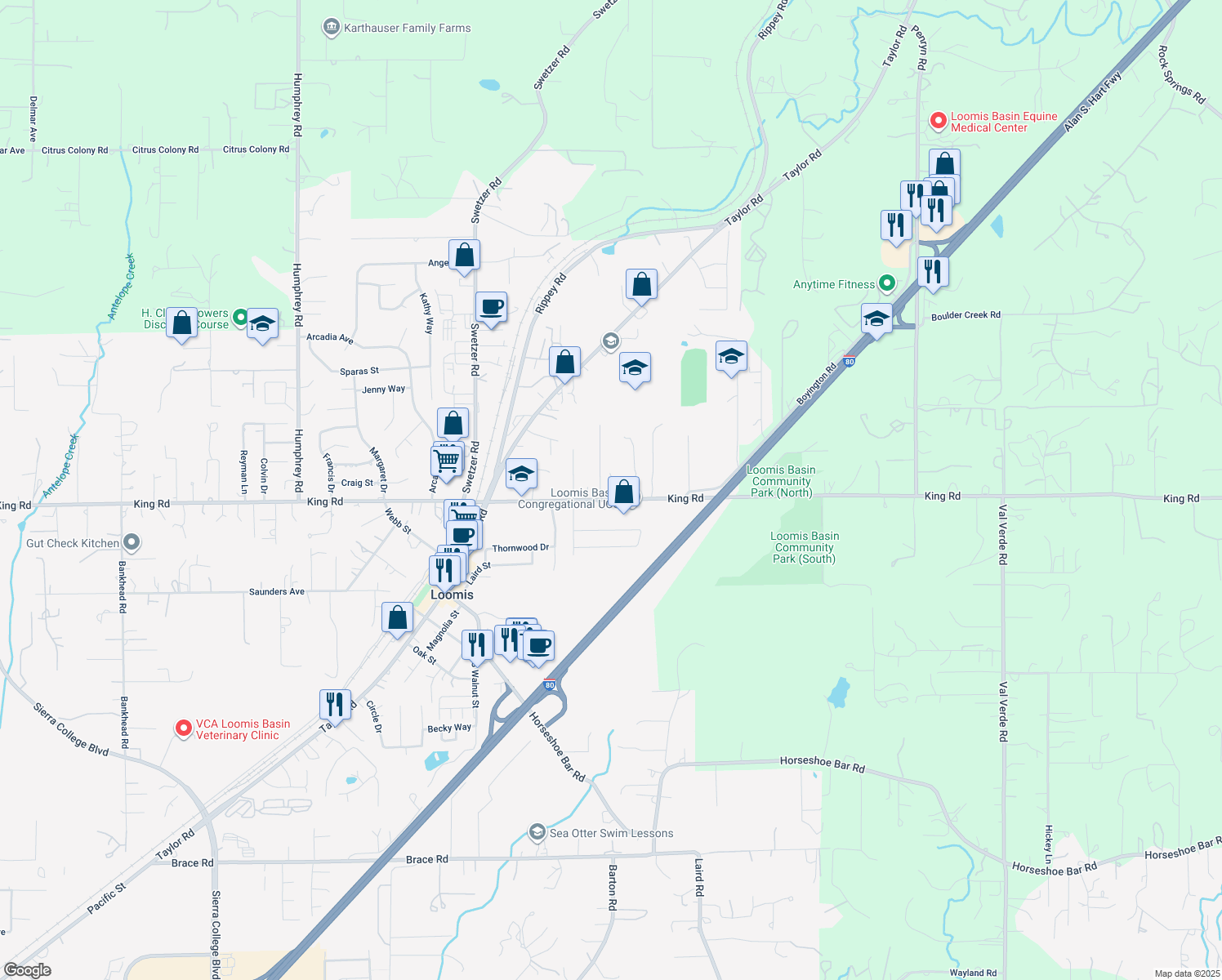 map of restaurants, bars, coffee shops, grocery stores, and more near 6371 King Road in Loomis