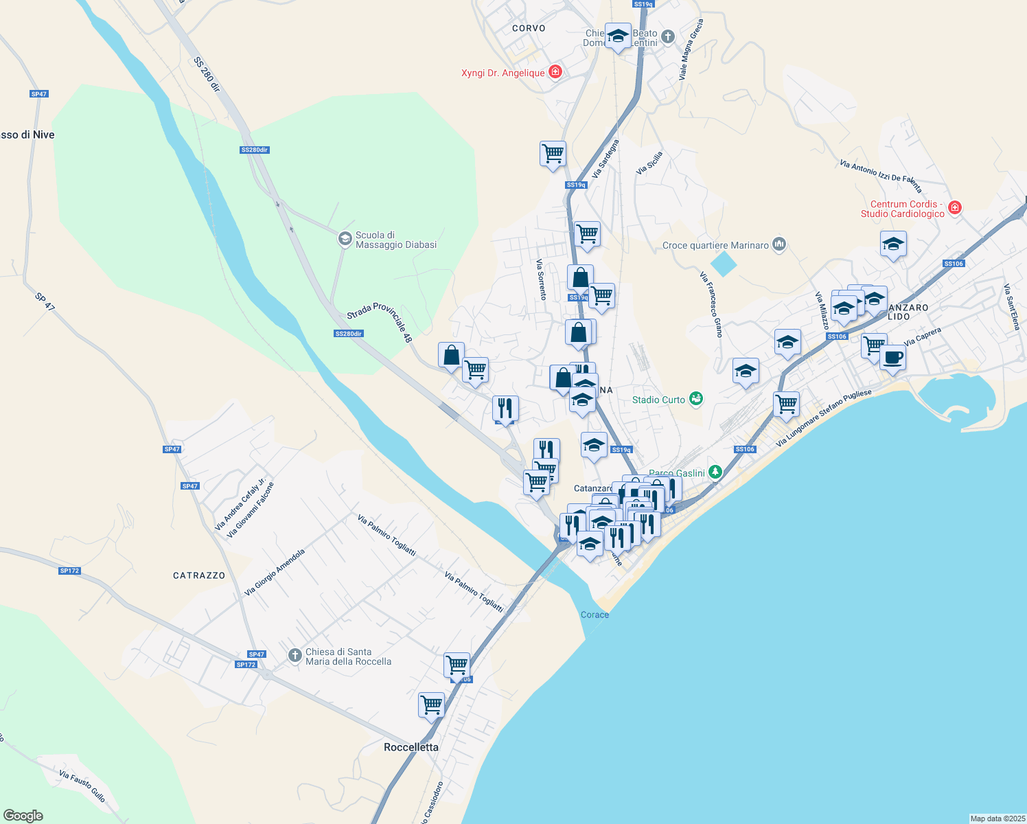 map of restaurants, bars, coffee shops, grocery stores, and more near Via Michele Maria Manfredi in Provincia di Catanzaro